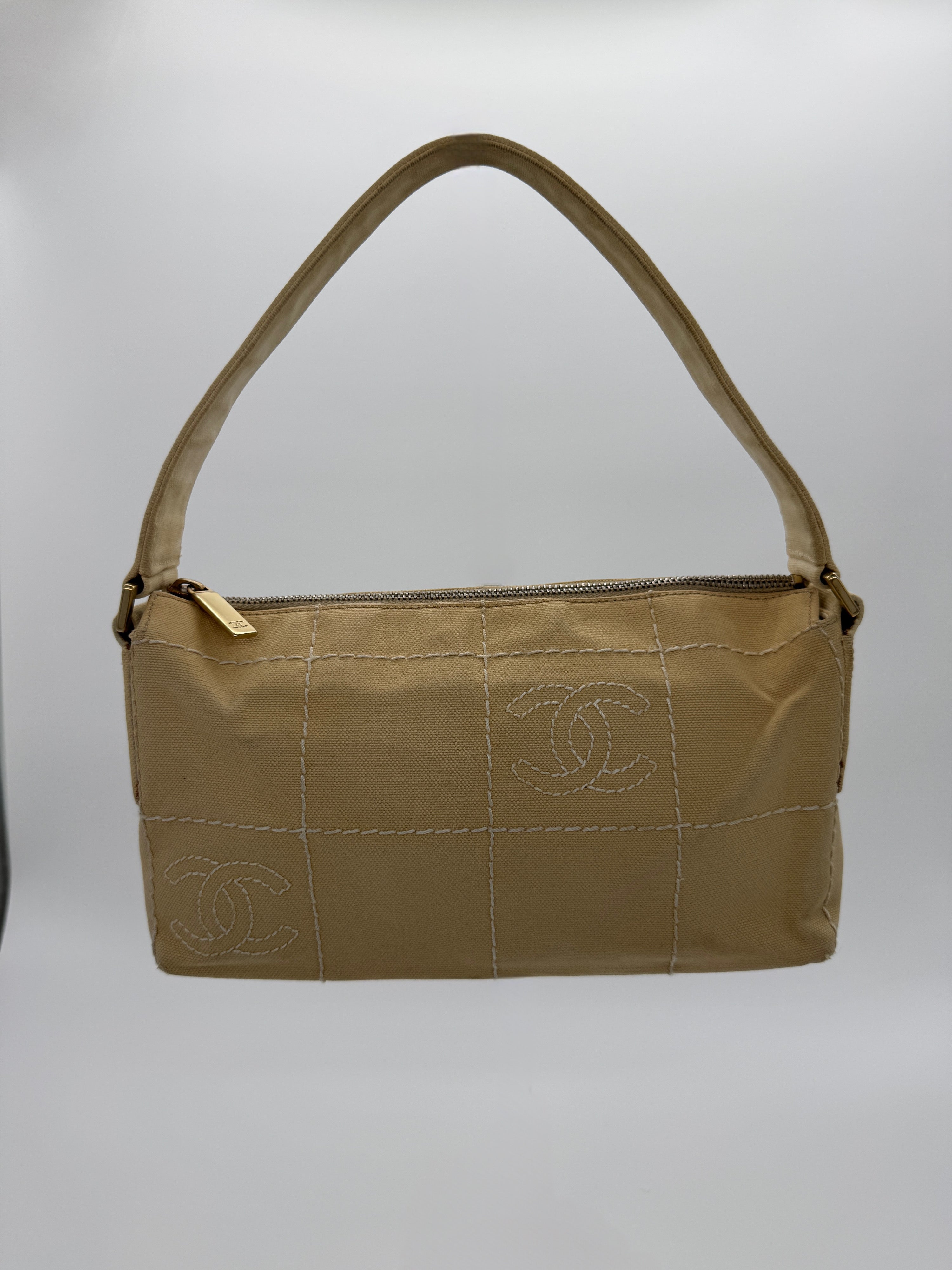 Chanel Beige Stitched Canvas Shoulder Bag