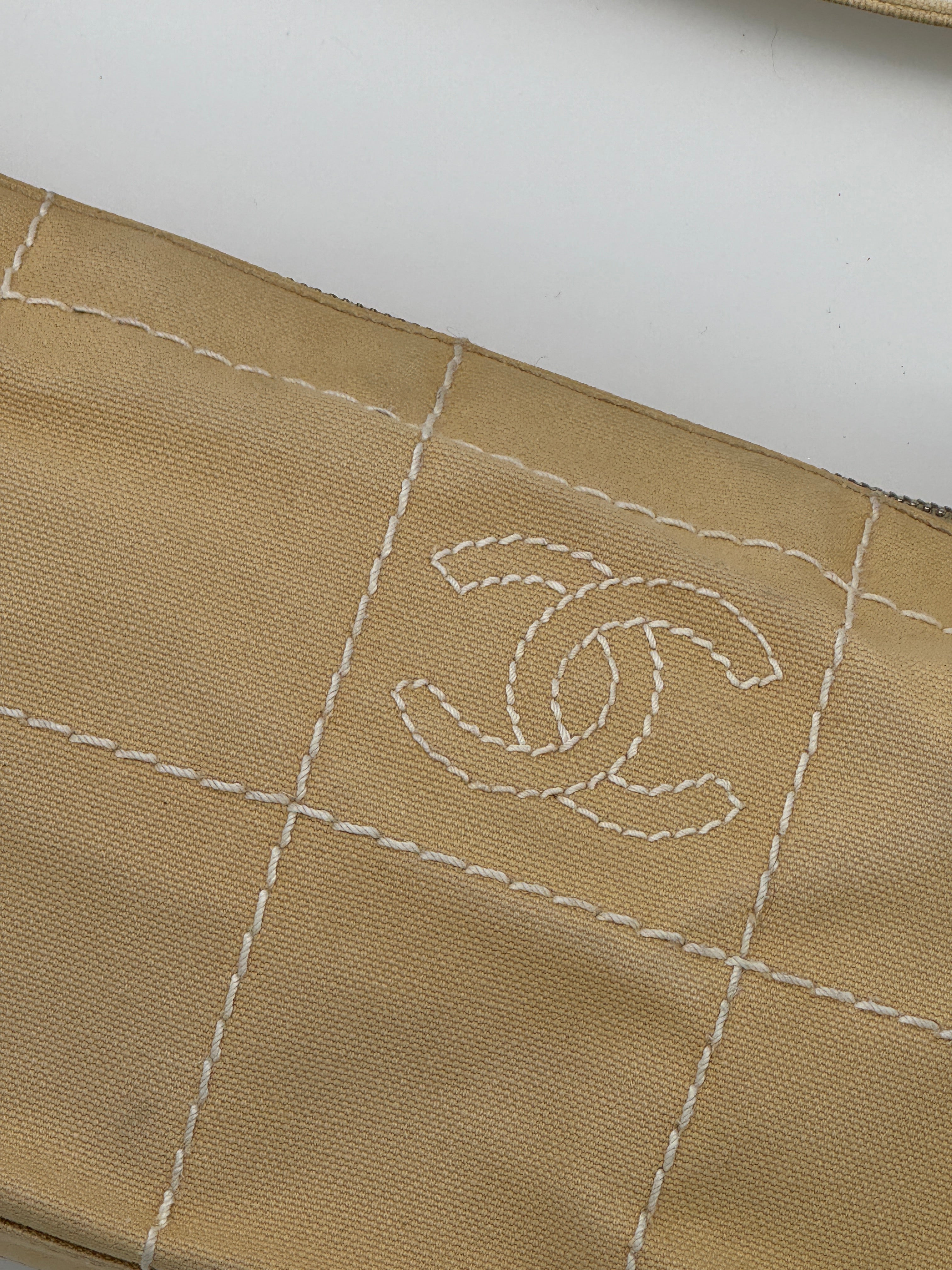 Chanel Beige Stitched Canvas Shoulder Bag