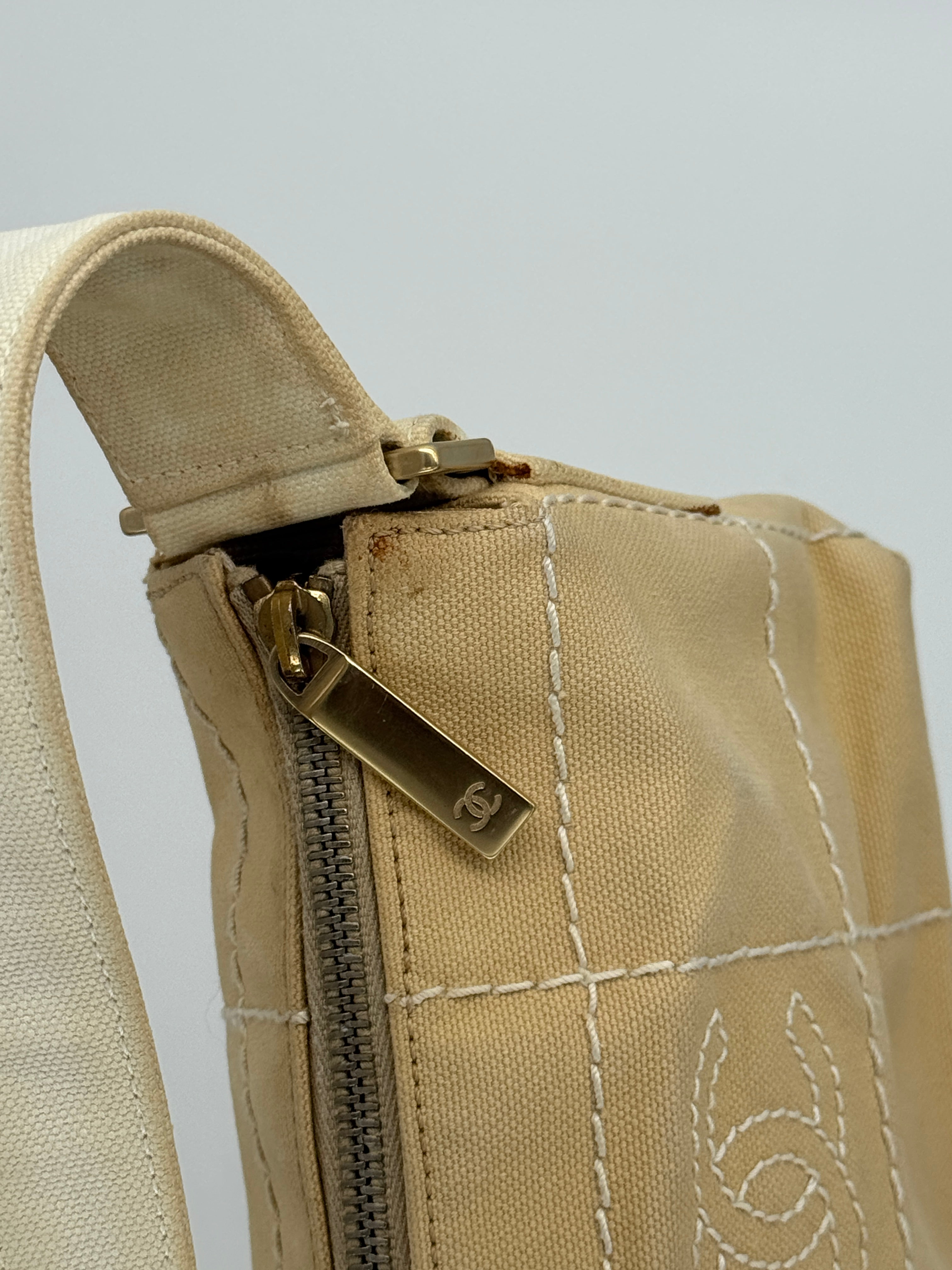 Chanel Beige Stitched Canvas Shoulder Bag