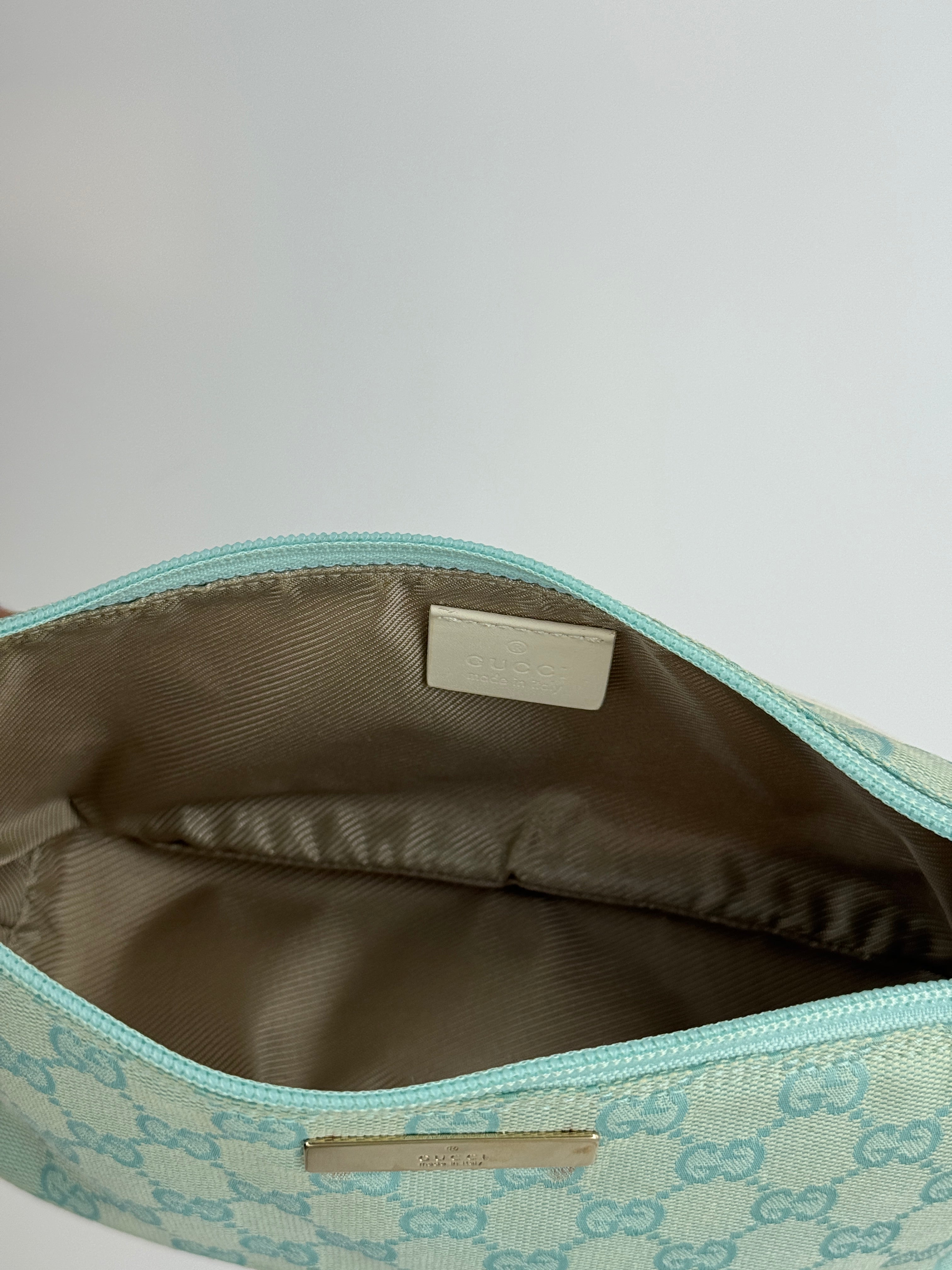 Gucci GG Boat Pochette in Light Blue White Trim