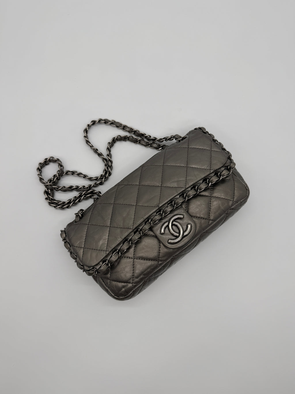 Chanel Grey Quilted Calfskin Chain Shoulder Bag