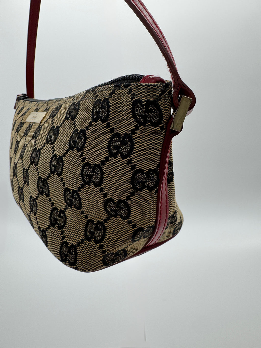 Gucci GG Boat Pochette in Brown with Red LeatherTrim