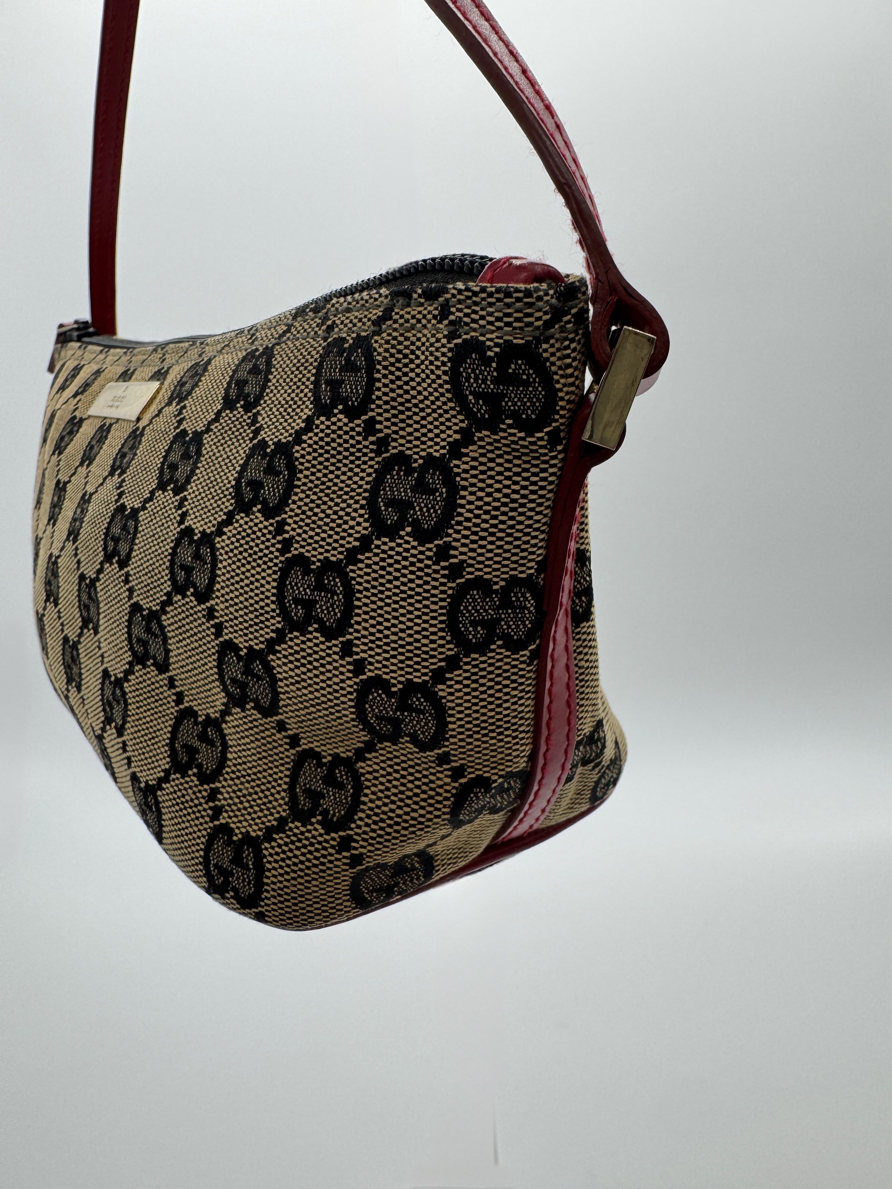 Gucci GG Boat Pochette in Brown with Red LeatherTrim