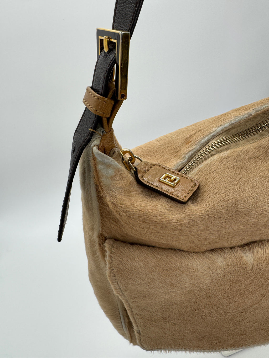 Fendi Mamma Baguette Shoulder Bag Zucca FF Logo Tan Pony-Style Calfskin