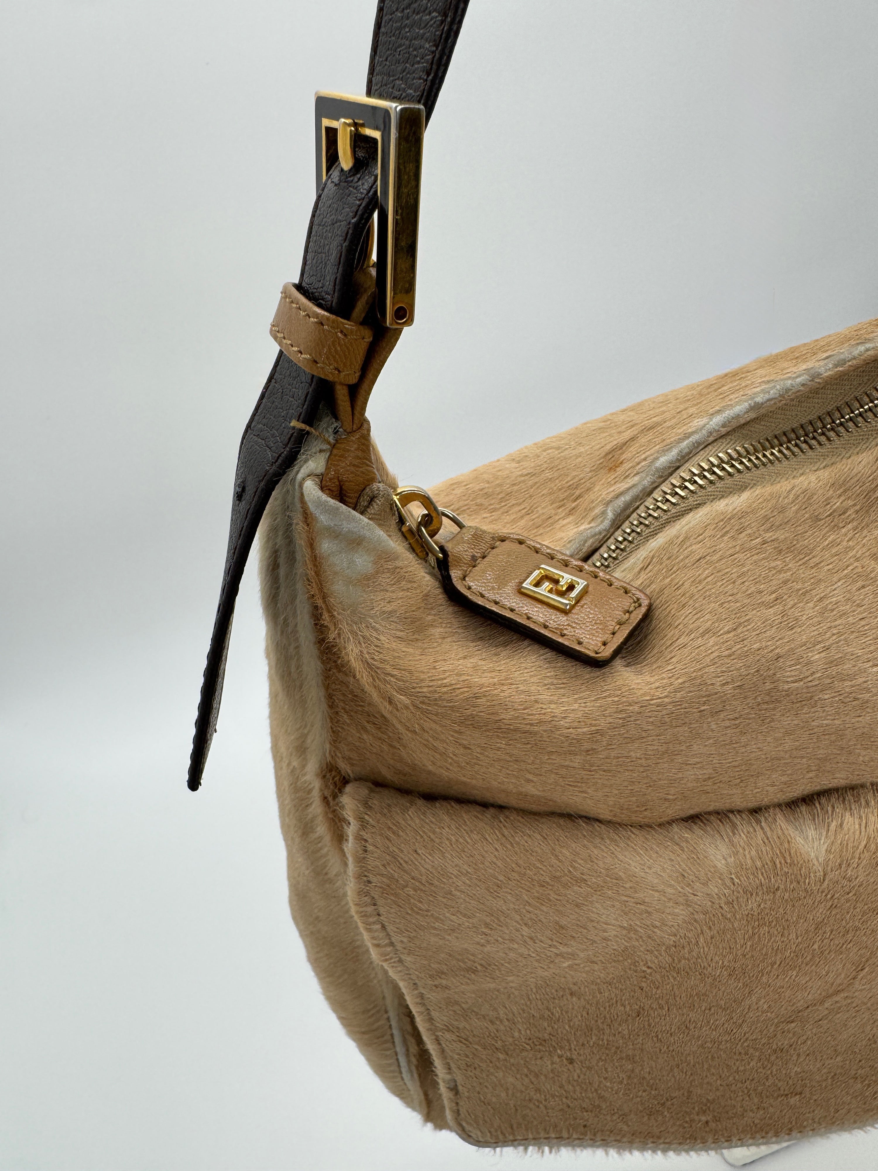 Fendi Mamma Baguette Shoulder Bag Zucca FF Logo Tan Pony-Style Calfskin