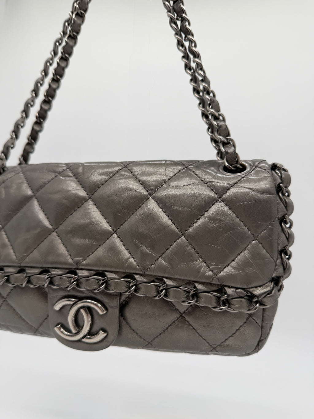 Chanel Grey Quilted Calfskin Chain Shoulder Bag
