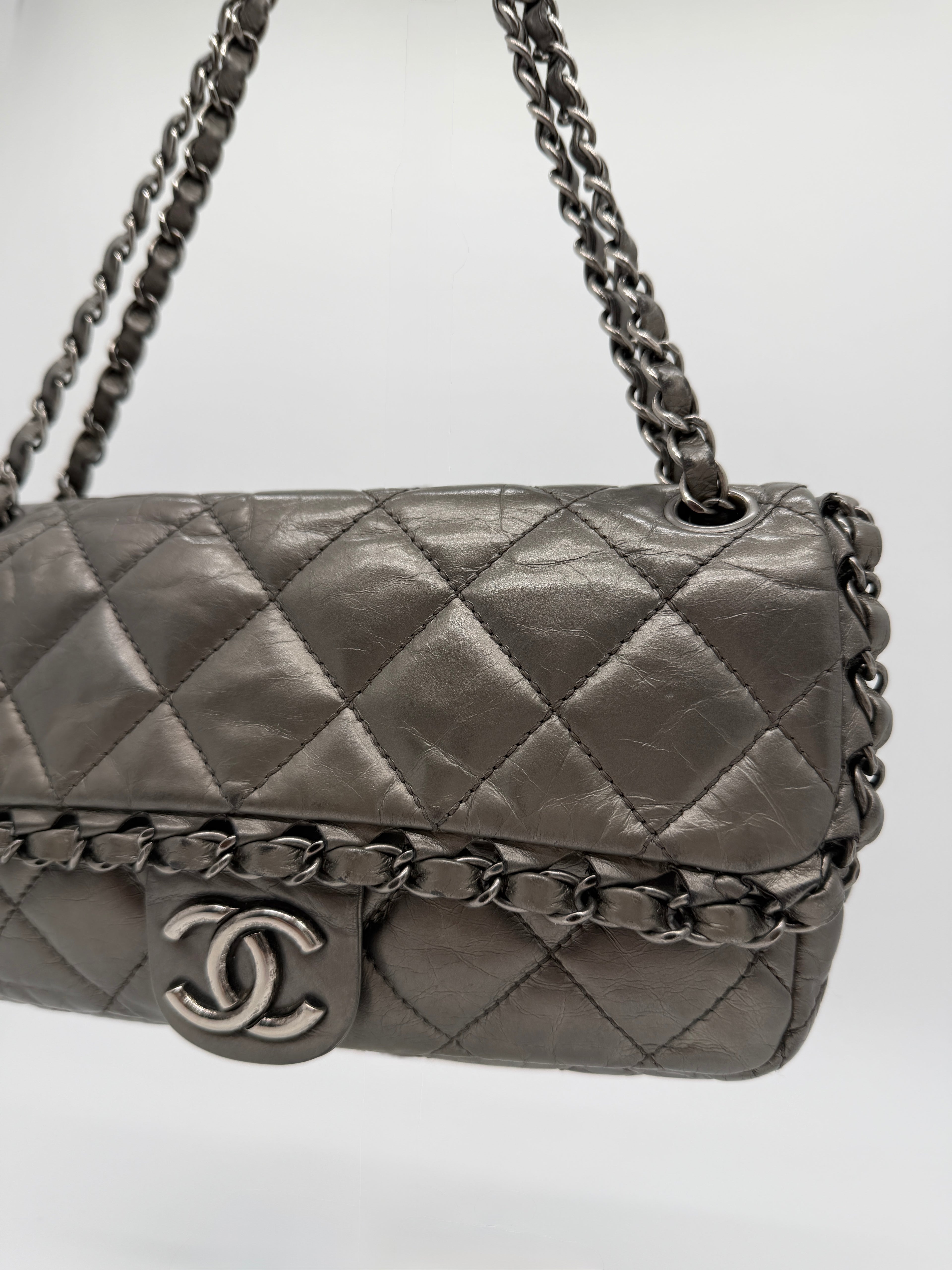 Chanel Grey Quilted Calfskin Chain Shoulder Bag