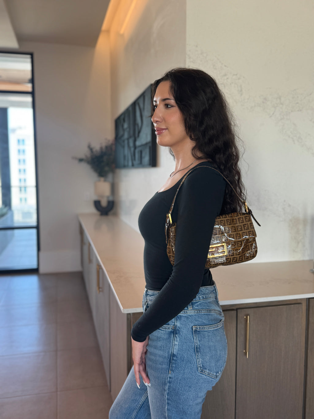 Fendi Zucchino Coated Canvas Baguette with Gold Shimmer Buckle