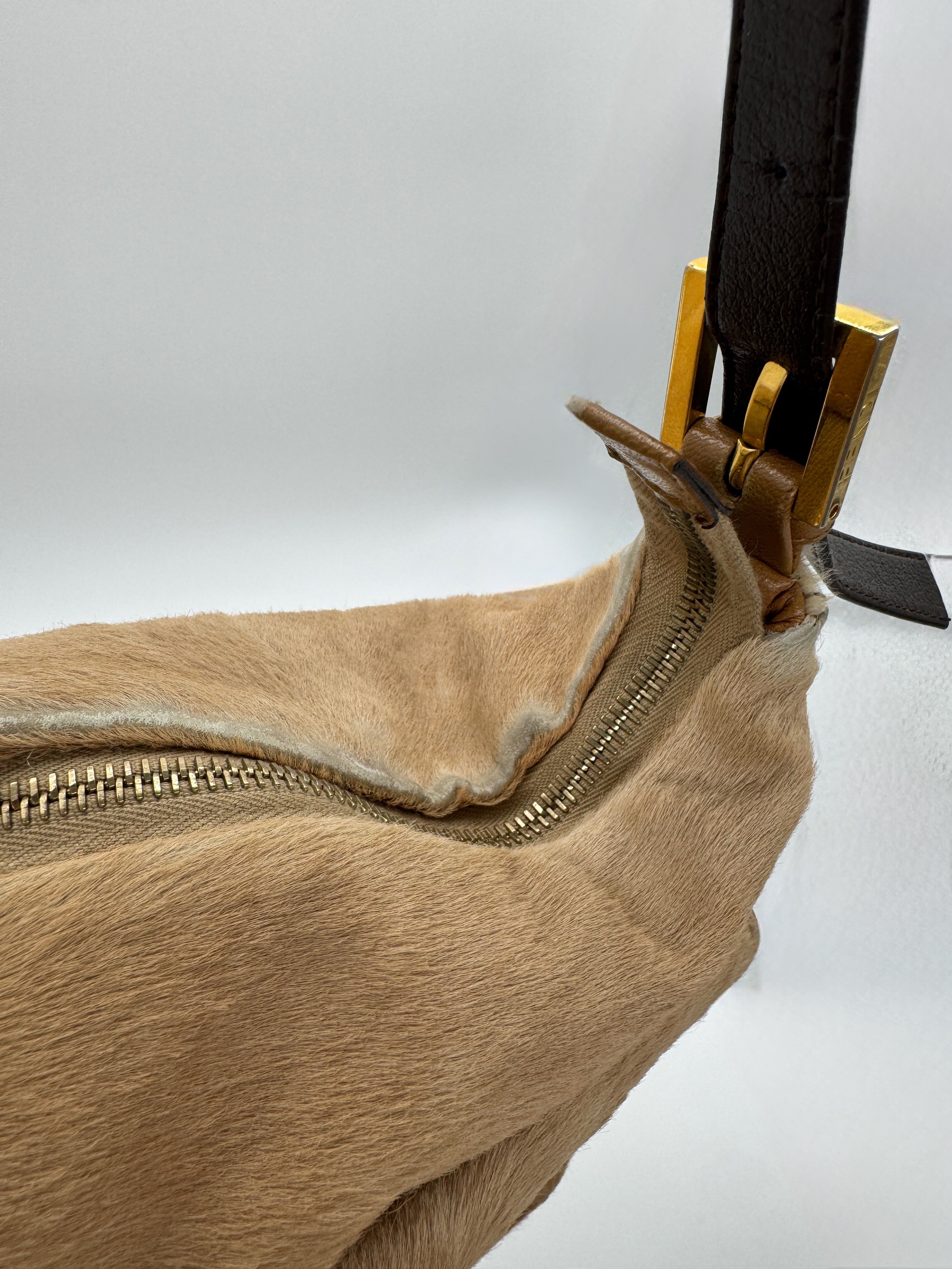 Fendi Mamma Baguette Shoulder Bag Zucca FF Logo Tan Pony-Style Calfskin