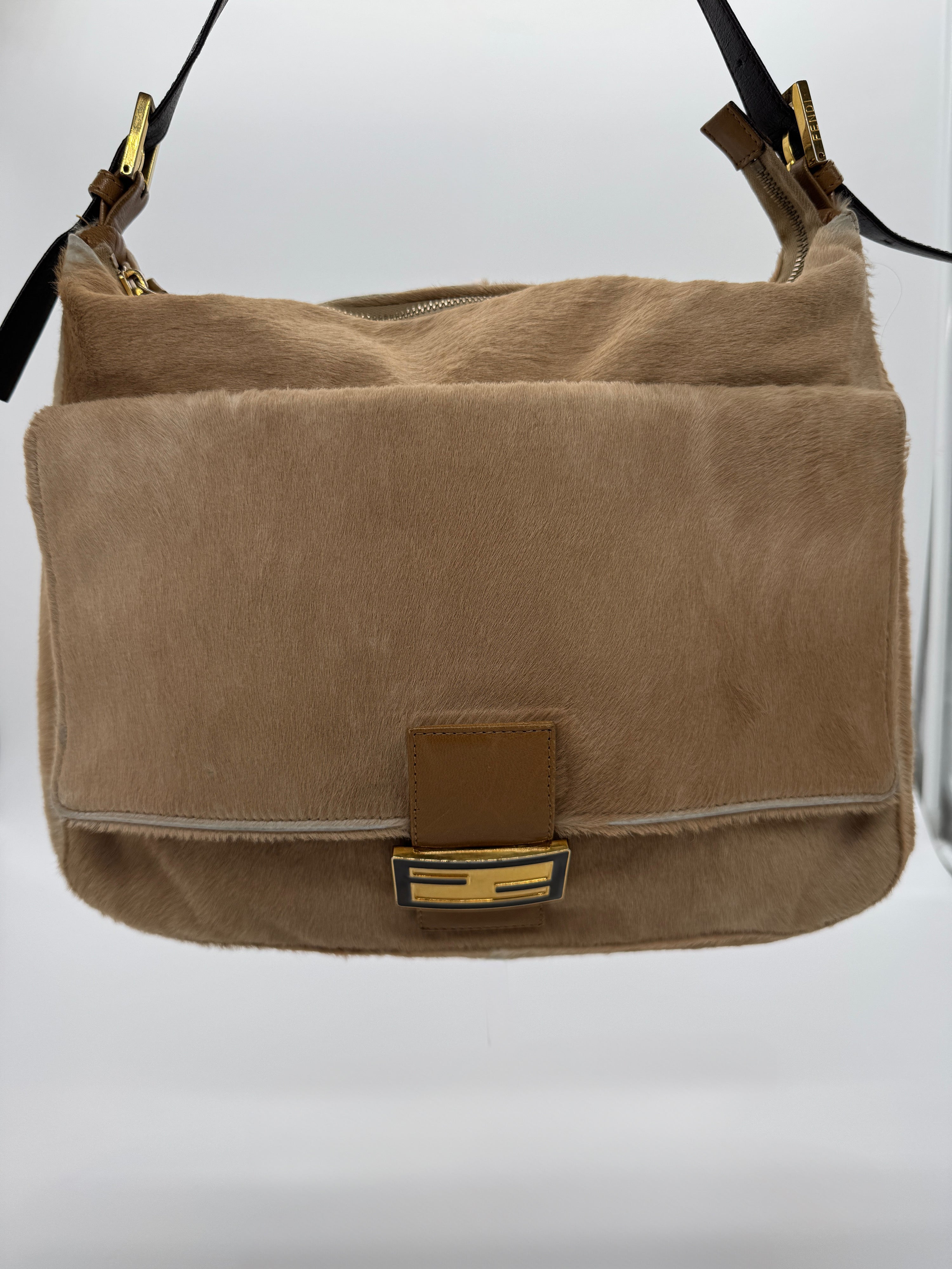 Fendi Mamma Baguette Shoulder Bag Zucca FF Logo Tan Pony-Style Calfskin
