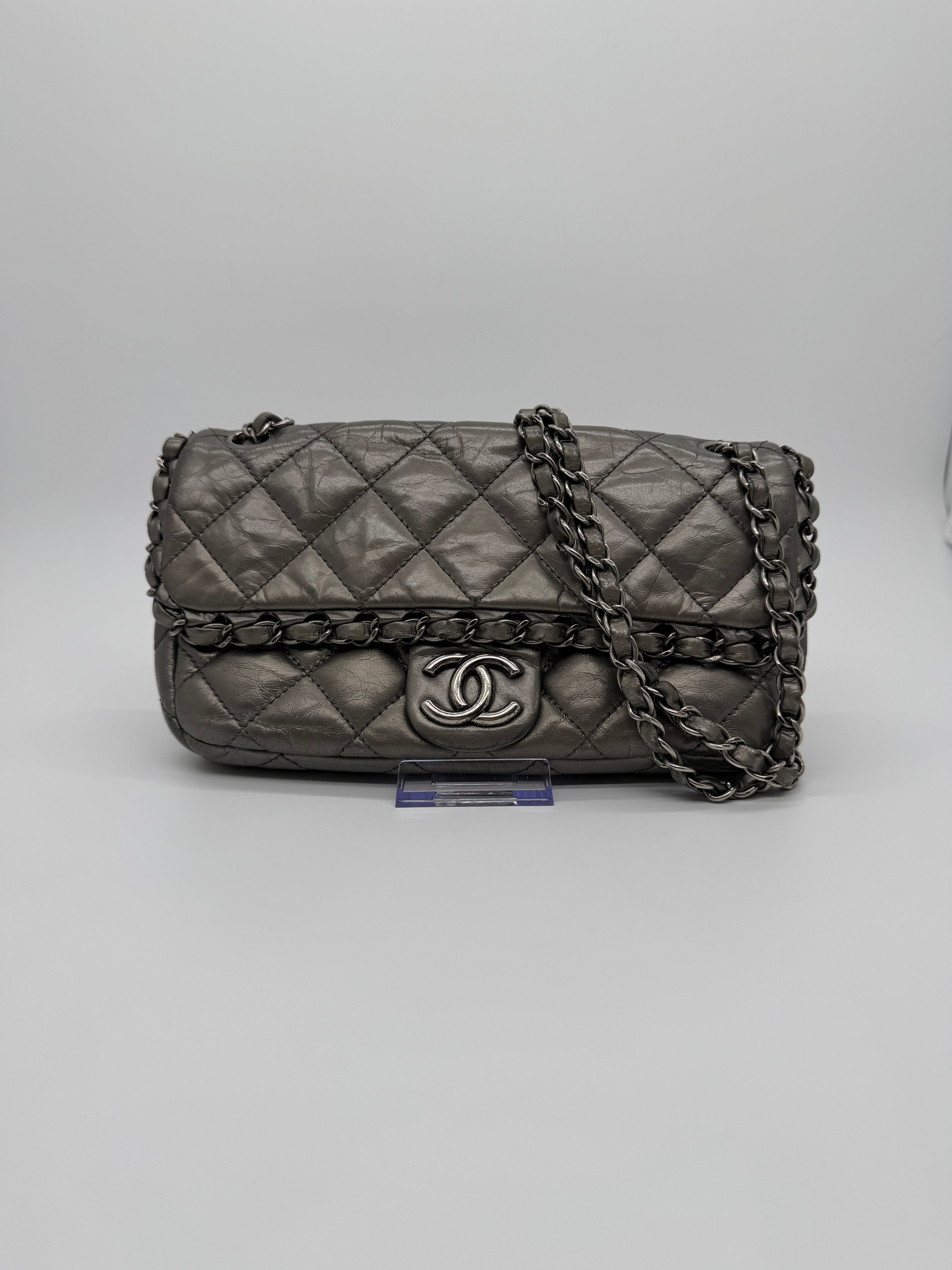 Chanel Grey Quilted Calfskin Chain Shoulder Bag