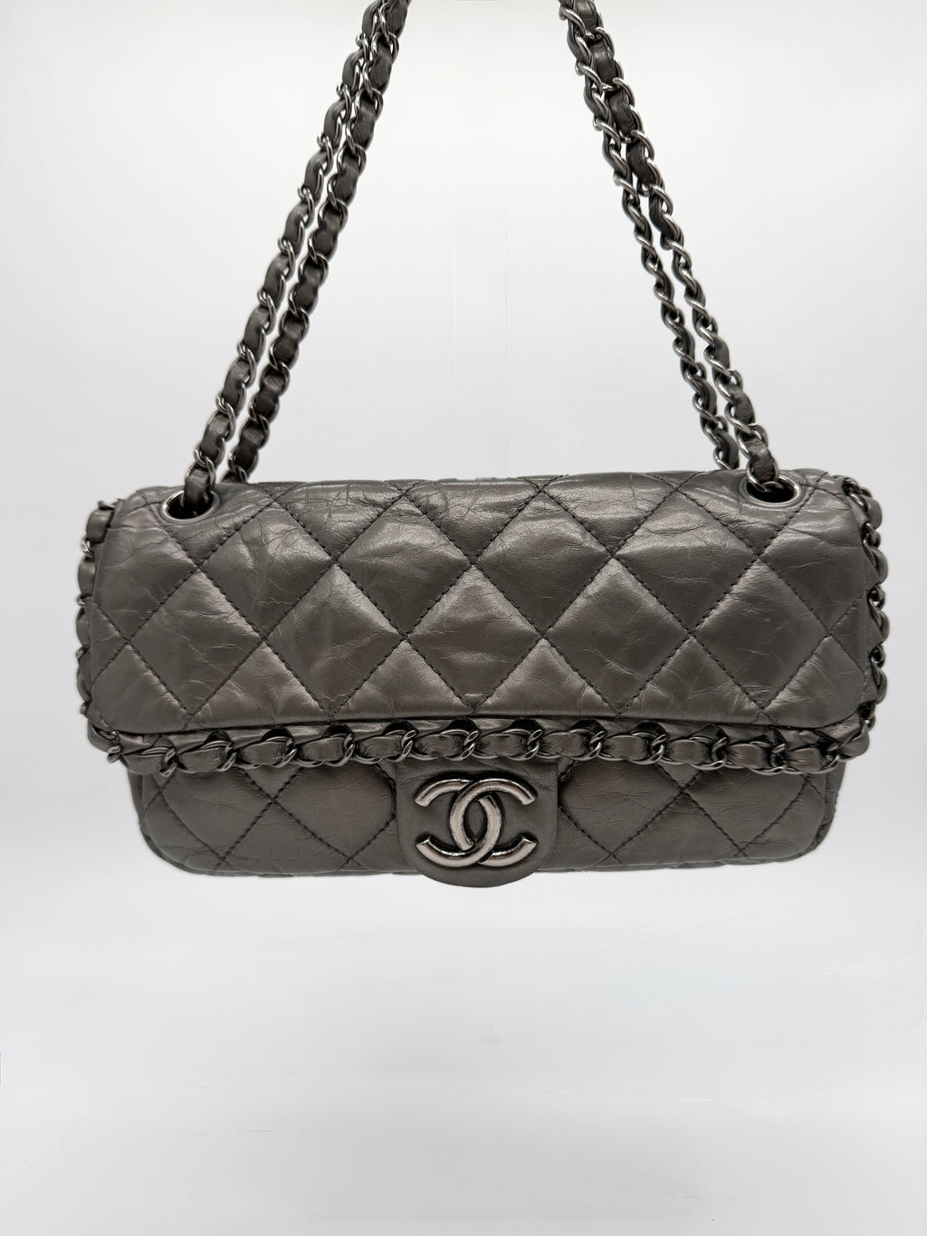 Chanel Grey Quilted Calfskin Chain Shoulder Bag