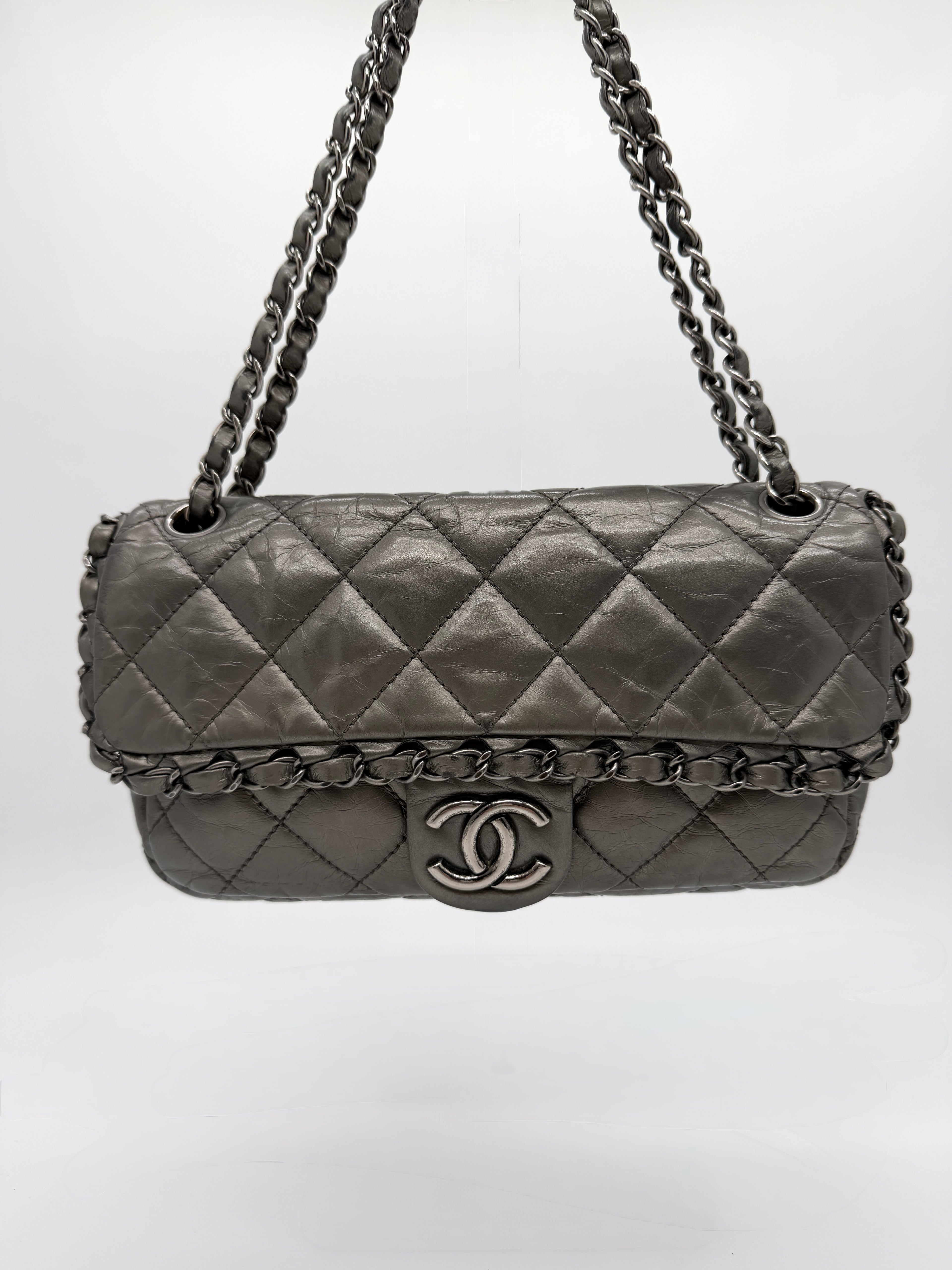 Chanel Grey Quilted Calfskin Chain Shoulder Bag