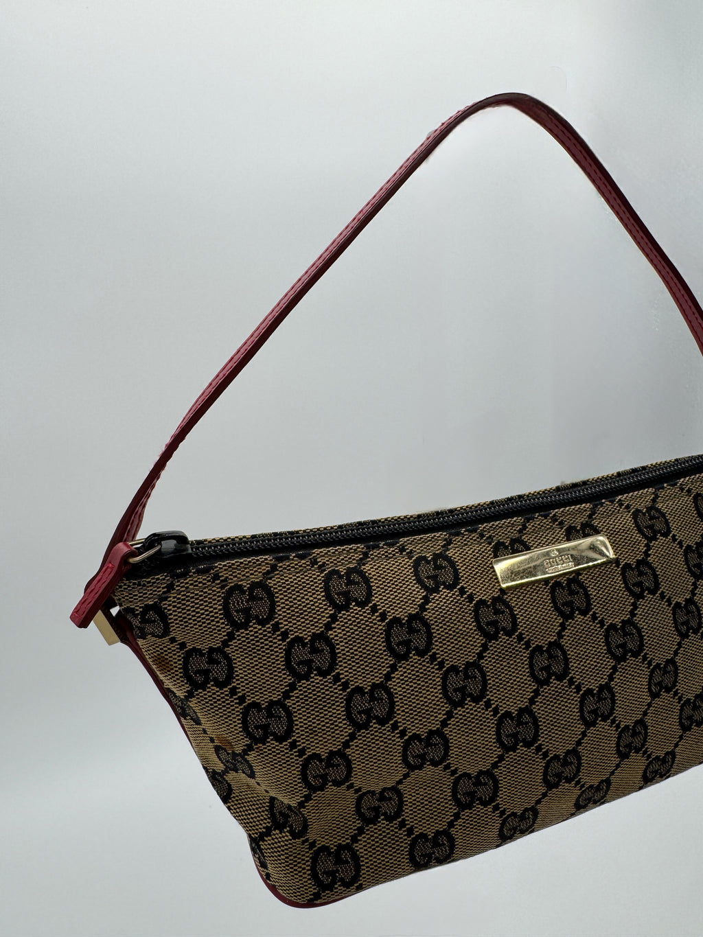 Gucci GG Boat Pochette in Brown with Red LeatherTrim