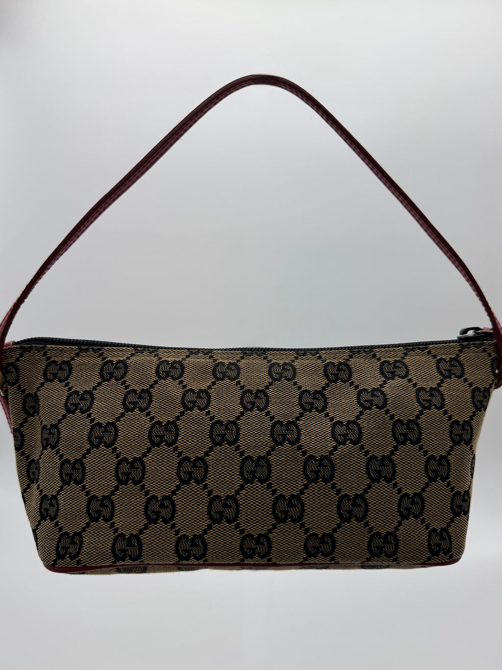 Gucci GG Boat Pochette in Brown with Red LeatherTrim