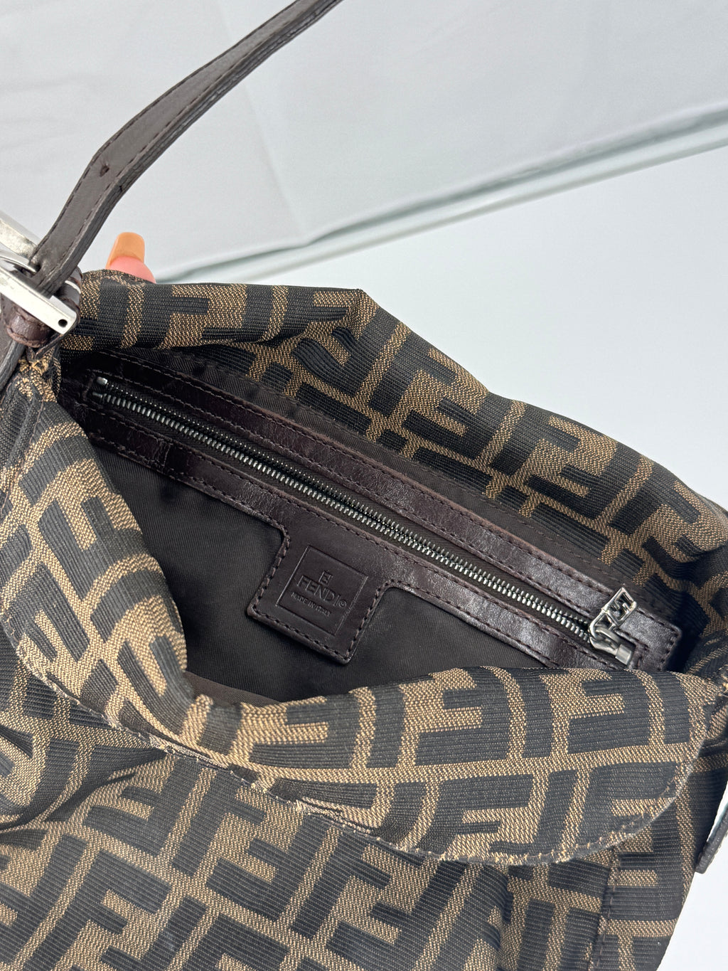 Fendi Zucca Double Flap Baguette in Brown