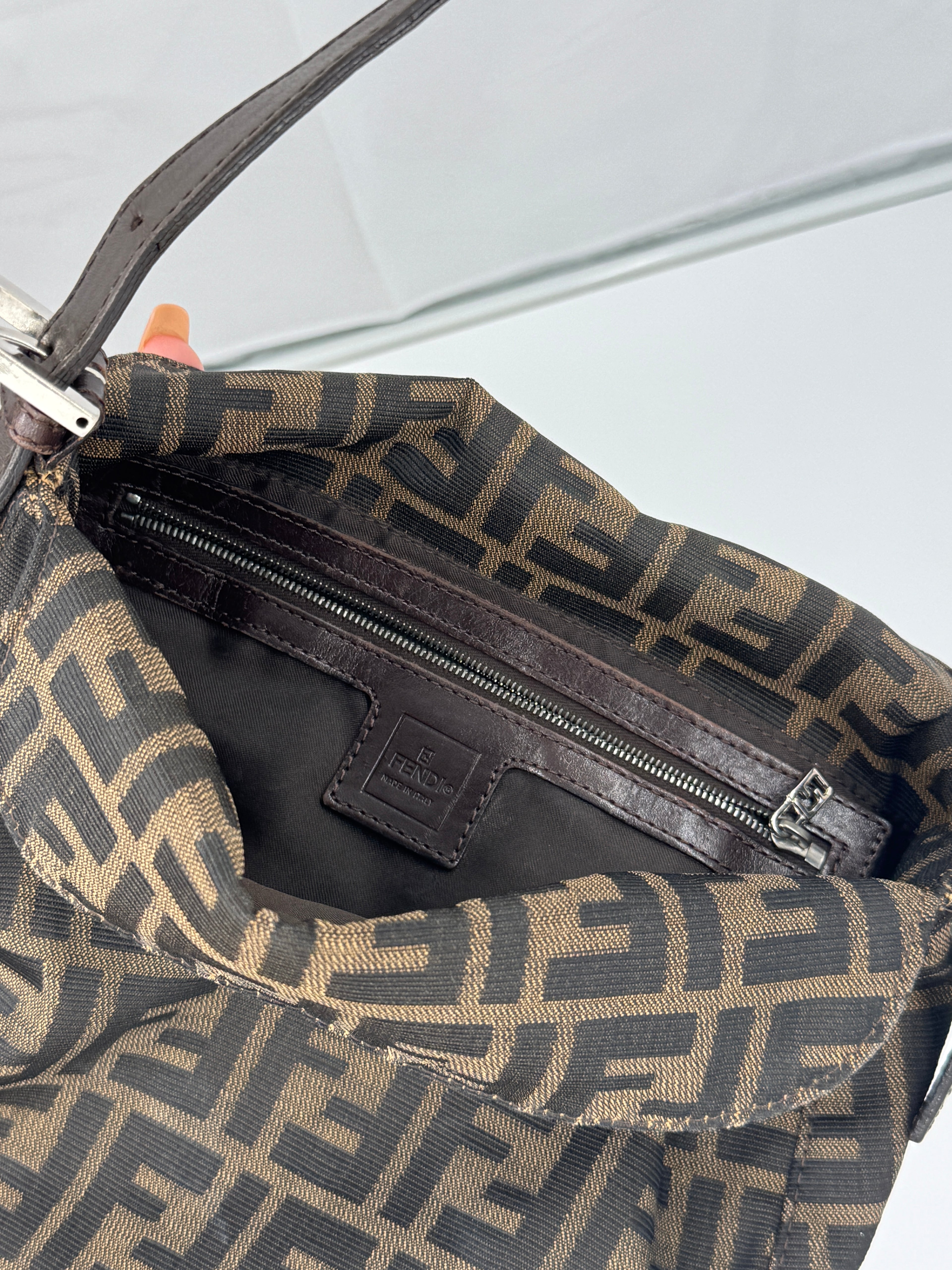 Fendi Zucca Double Flap Baguette in Brown