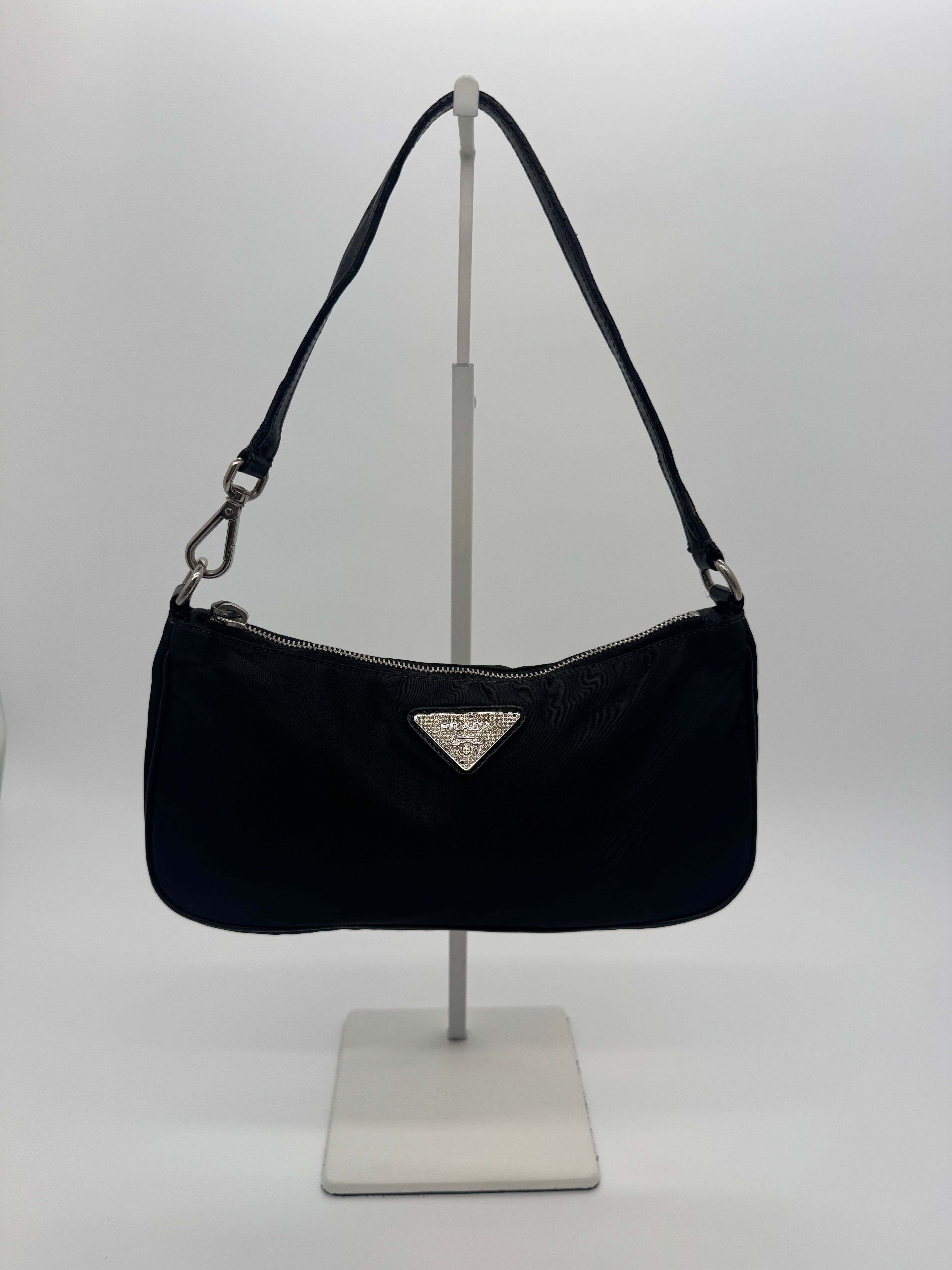 Prada Tessuto Nylon Shoulder Bag with Crystal Logo Plaque