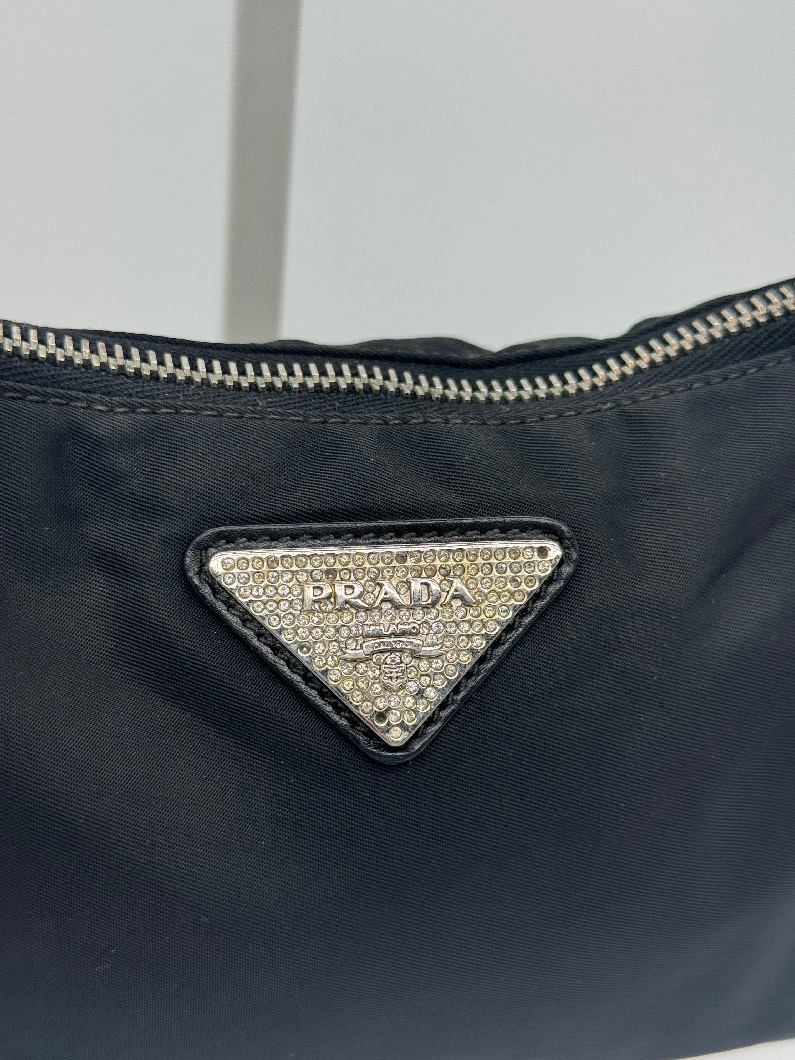 Prada Tessuto Nylon Shoulder Bag with Crystal Logo Plaque