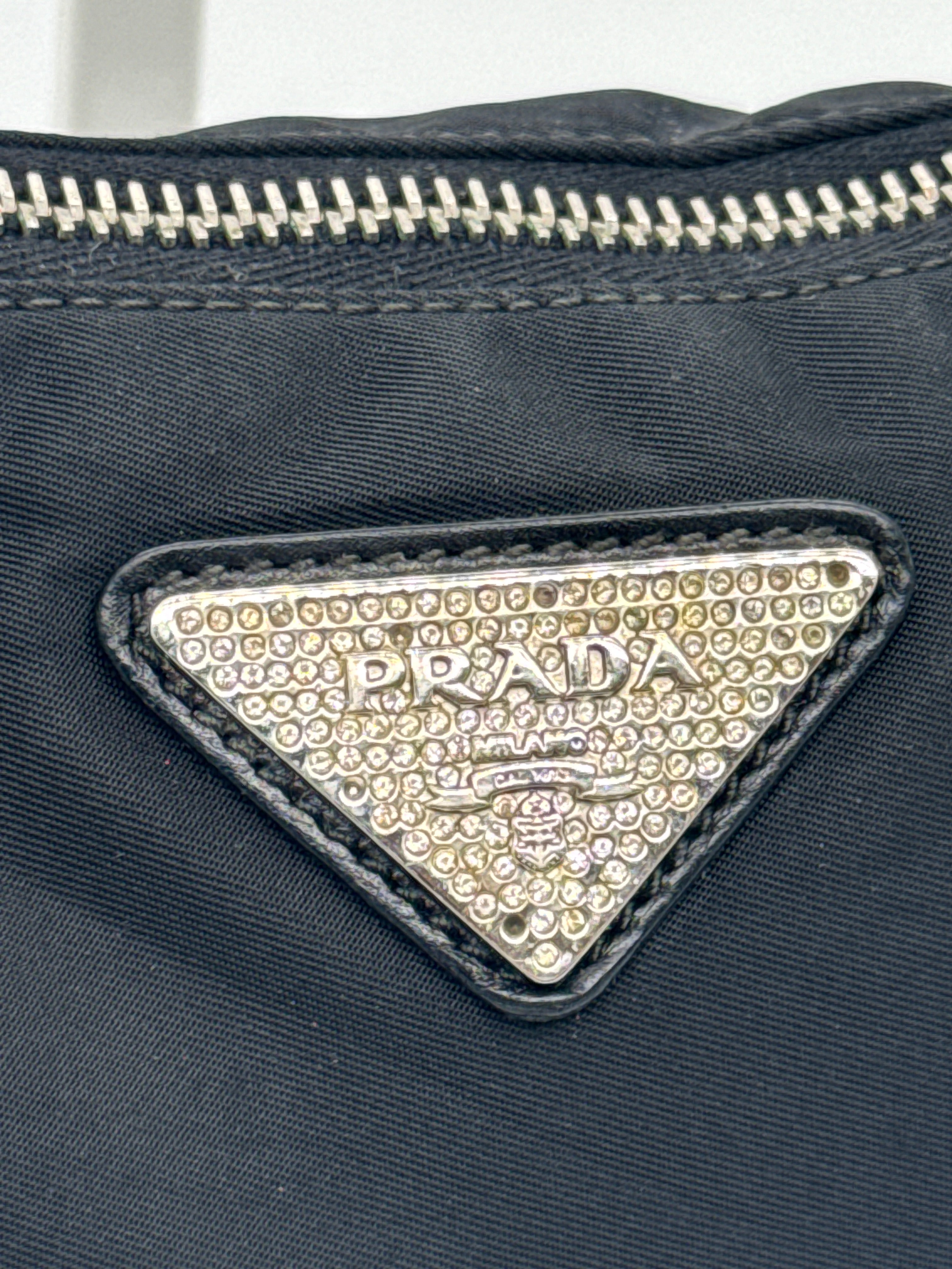 Prada Tessuto Nylon Shoulder Bag with Crystal Logo Plaque
