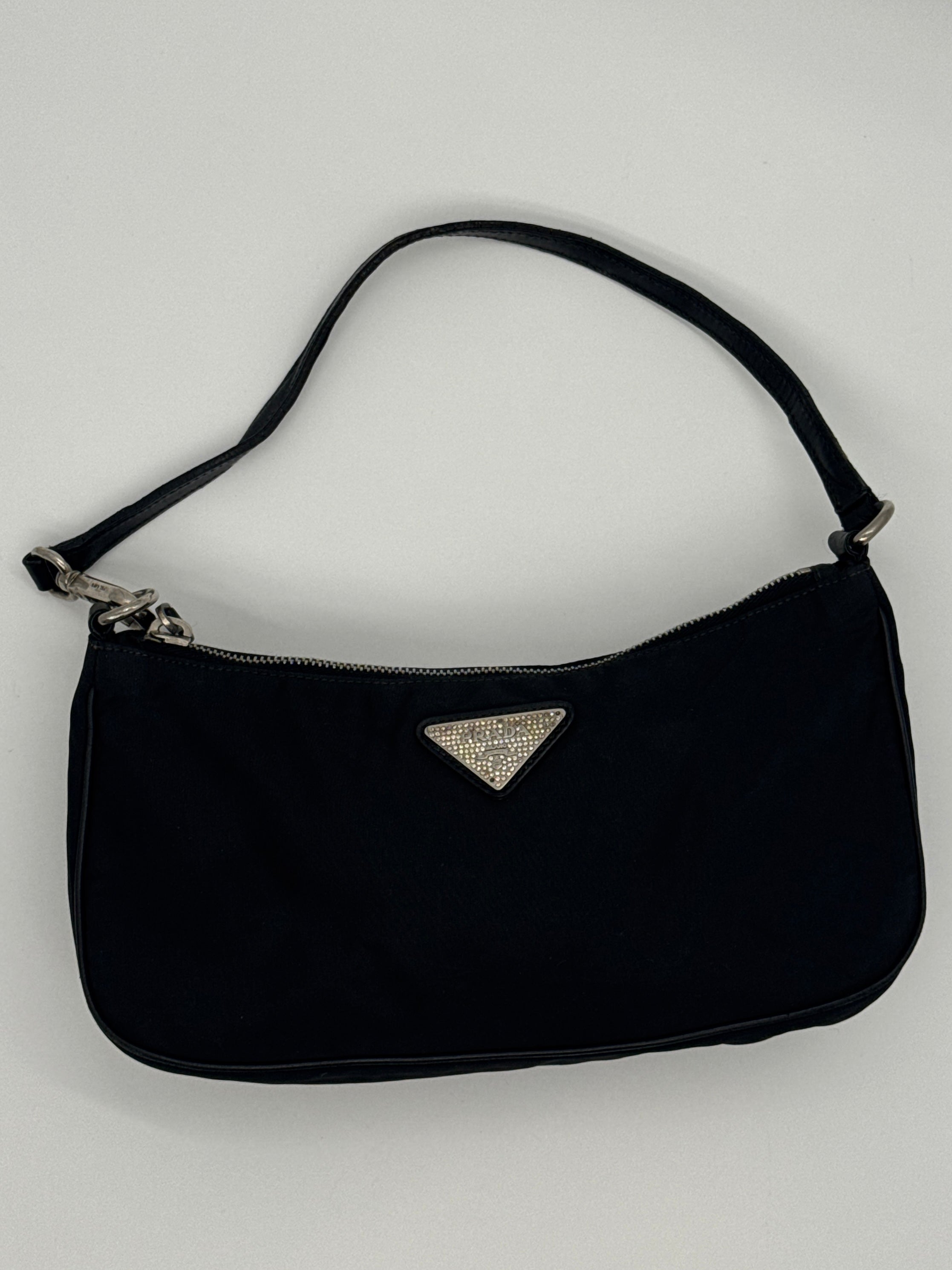Prada Tessuto Nylon Shoulder Bag with Crystal Logo Plaque