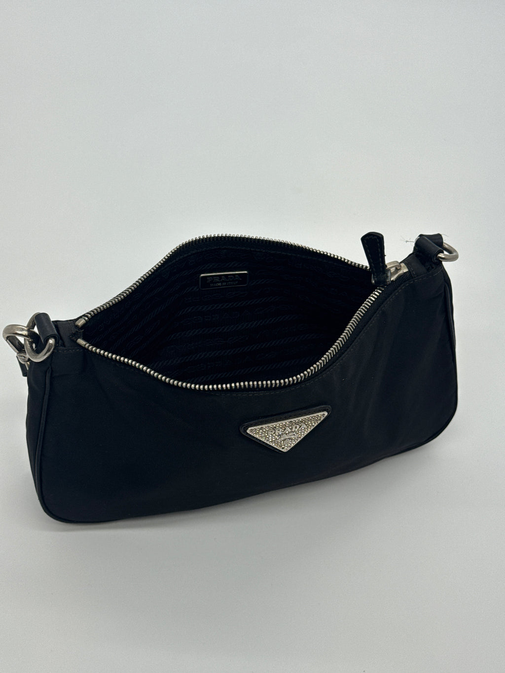 Prada Tessuto Nylon Shoulder Bag with Crystal Logo Plaque
