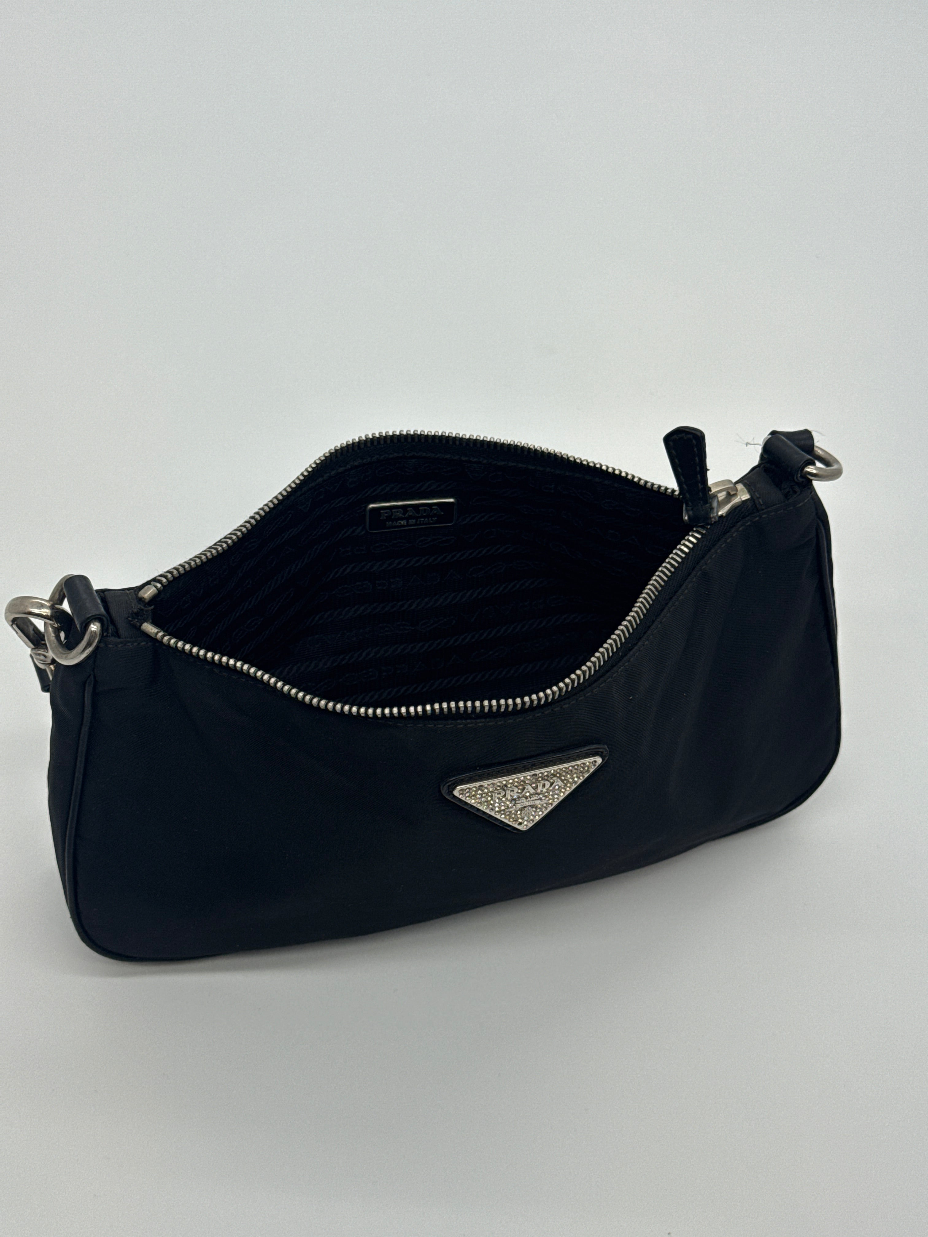 Prada Tessuto Nylon Shoulder Bag with Crystal Logo Plaque