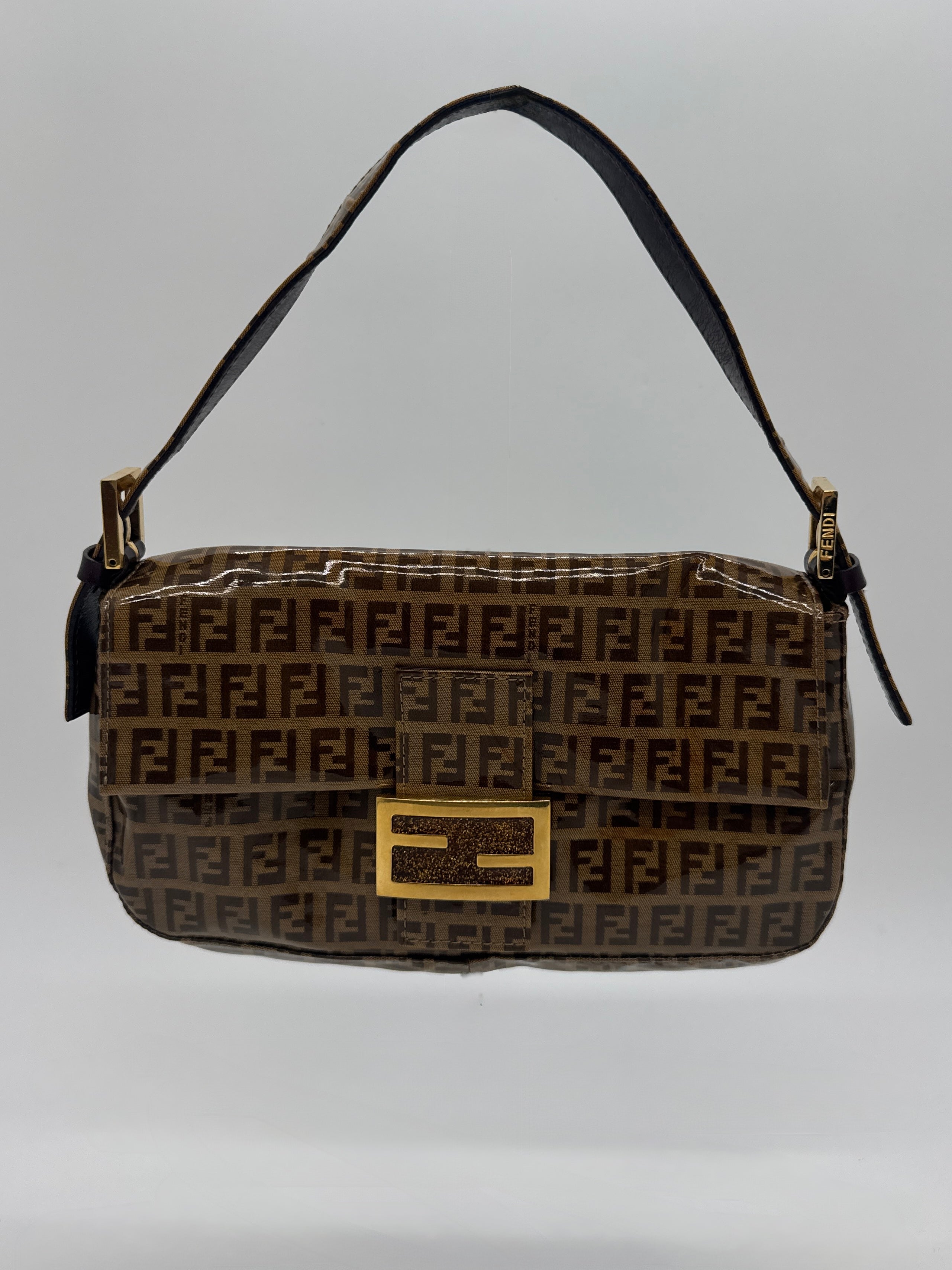 Fendi Zucchino Coated Canvas Baguette with Gold Shimmer Buckle
