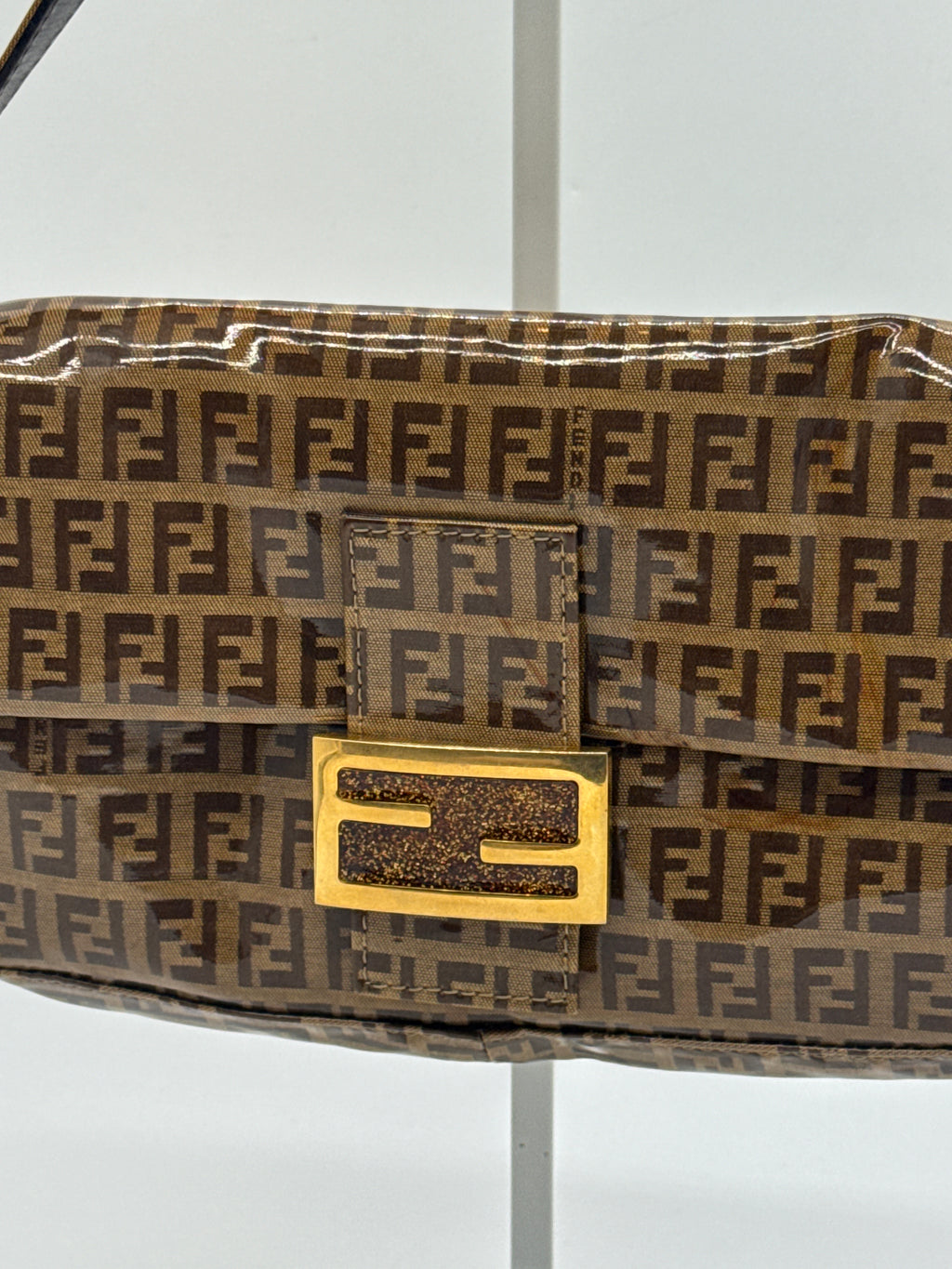 Fendi Zucchino Coated Canvas Baguette with Gold Shimmer Buckle