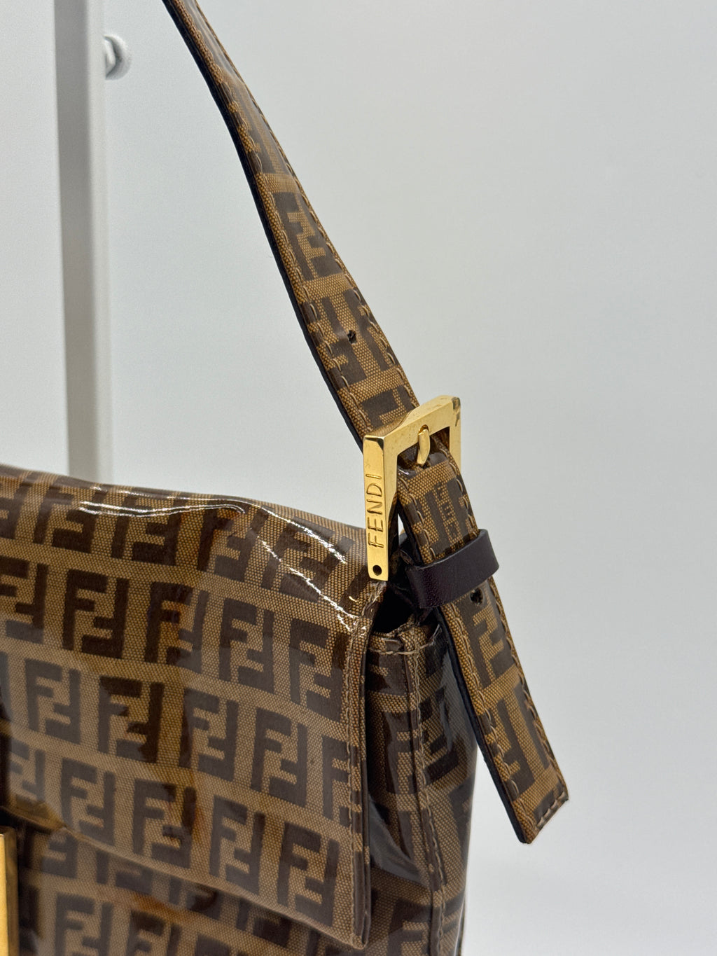 Fendi Zucchino Coated Canvas Baguette with Gold Shimmer Buckle