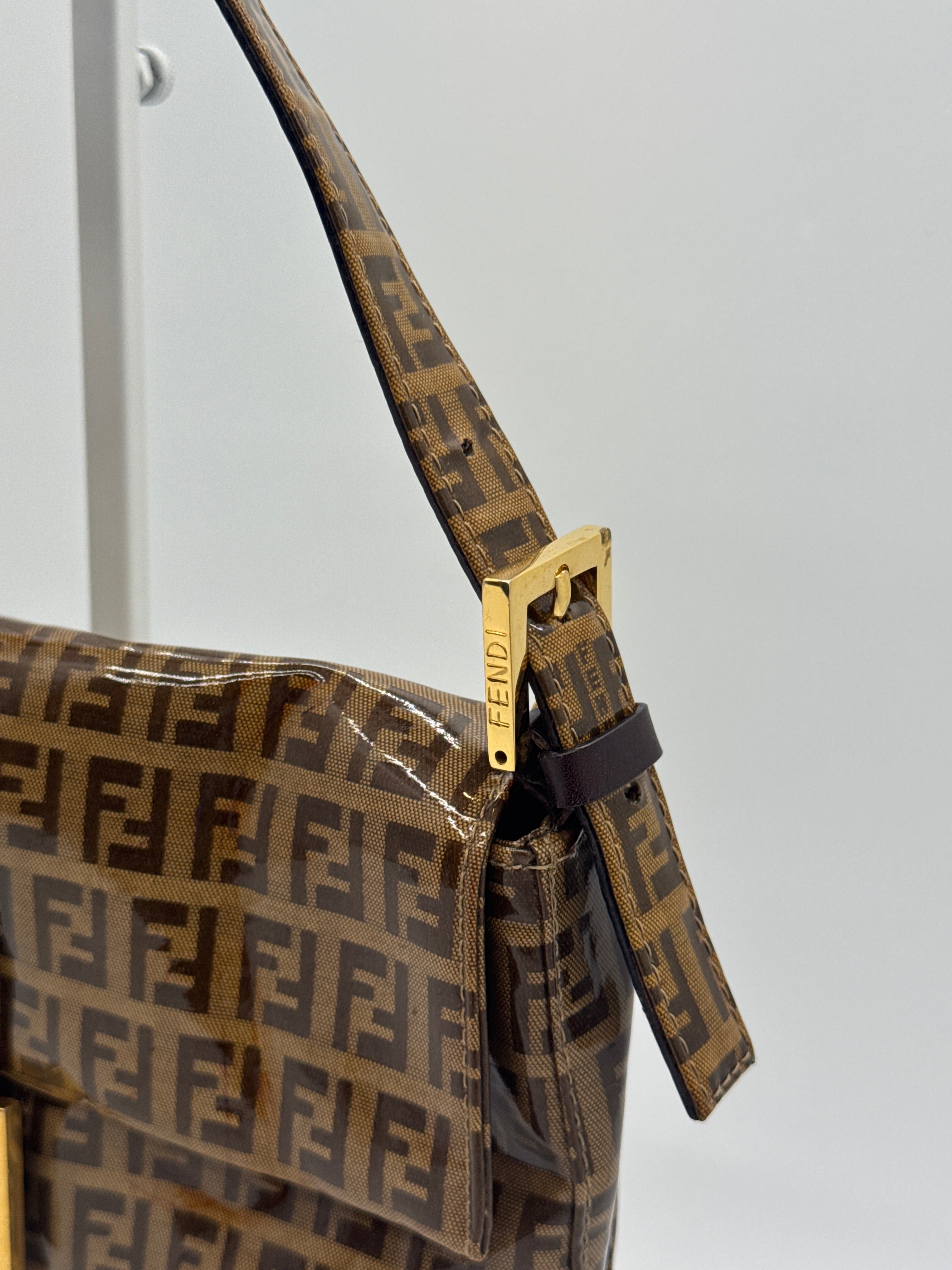 Fendi Zucchino Coated Canvas Baguette with Gold Shimmer Buckle