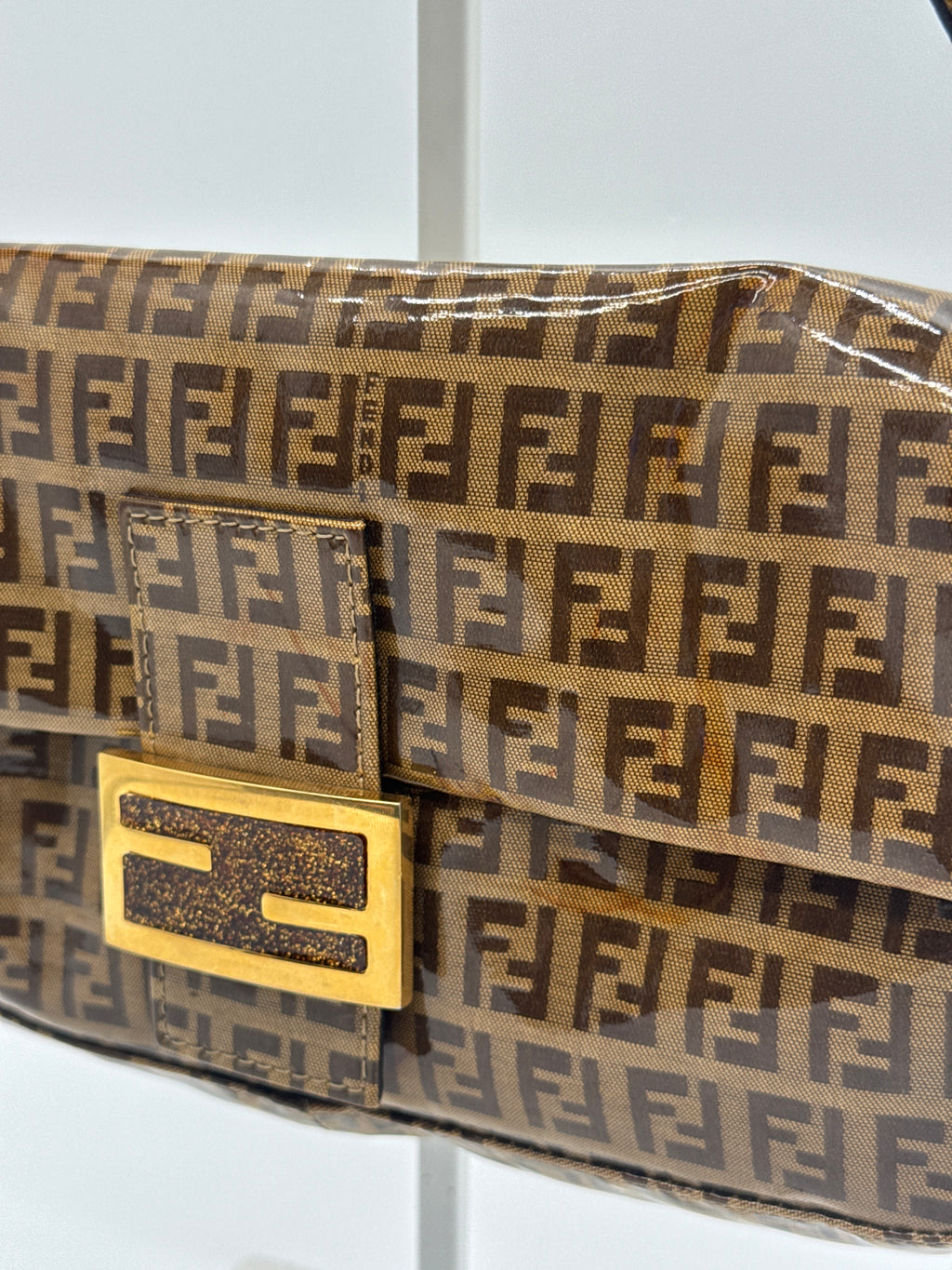 Fendi Zucchino Coated Canvas Baguette with Gold Shimmer Buckle