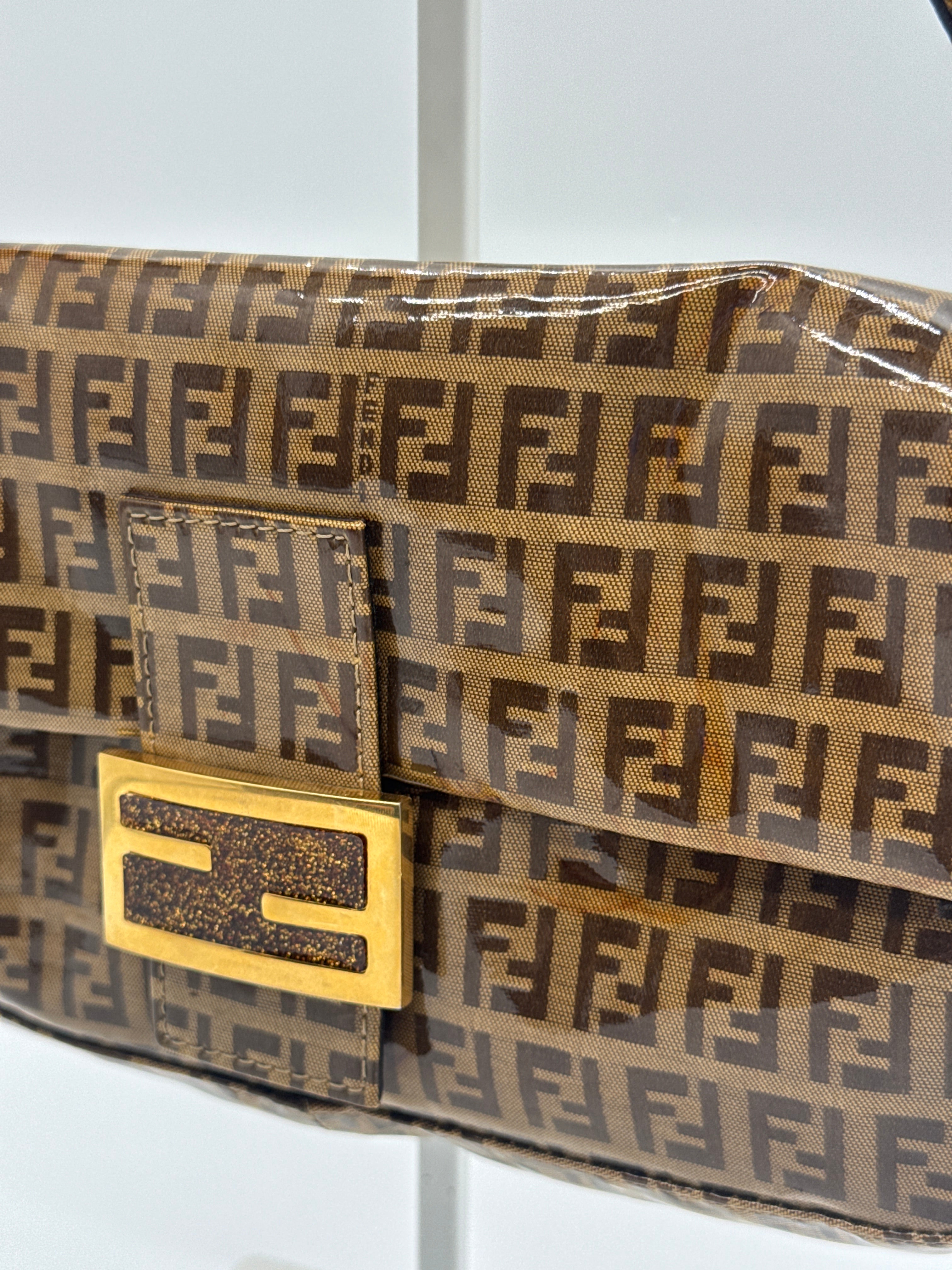 Fendi Zucchino Coated Canvas Baguette with Gold Shimmer Buckle