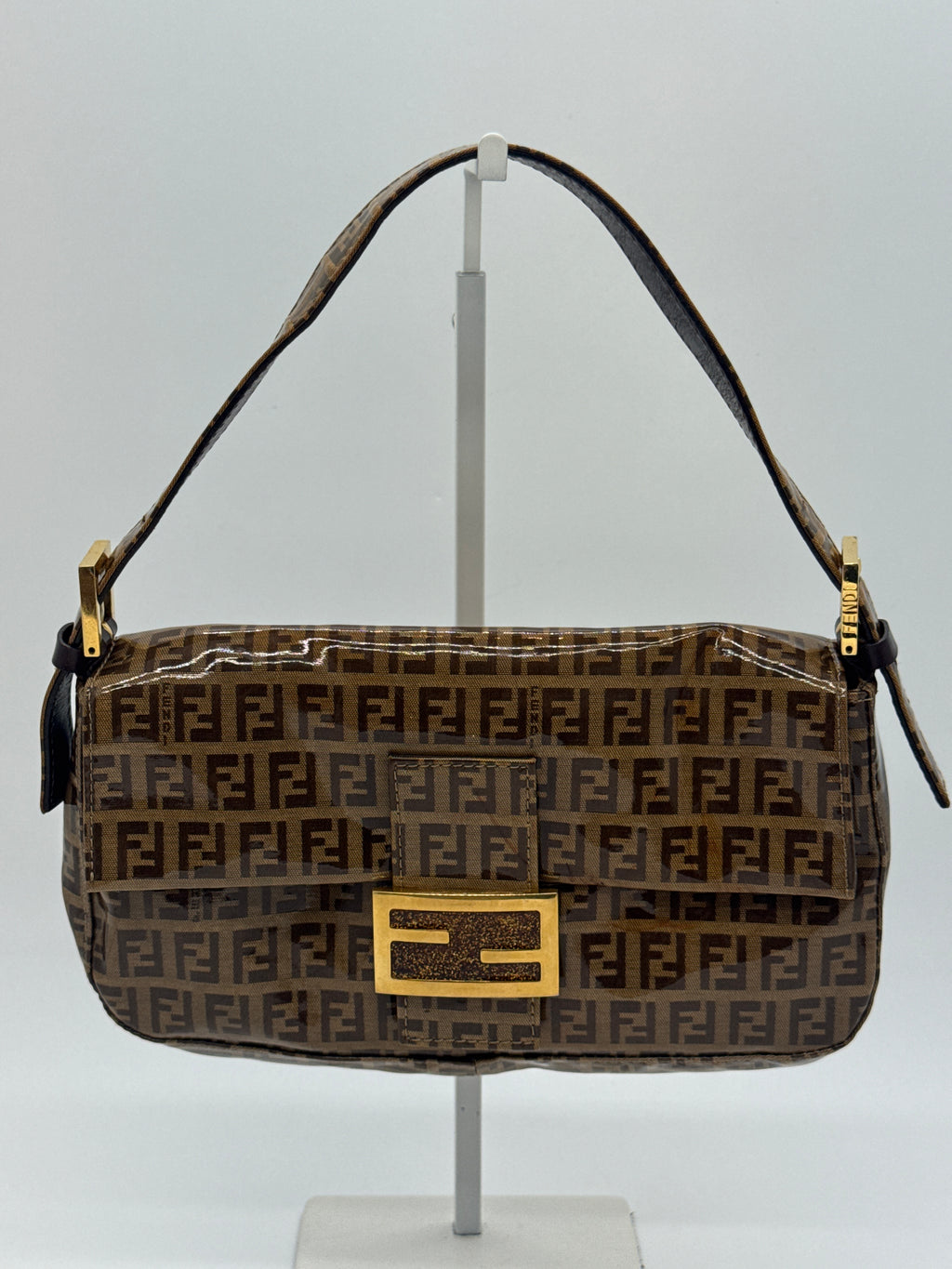 Fendi Zucchino Coated Canvas Baguette with Gold Shimmer Buckle