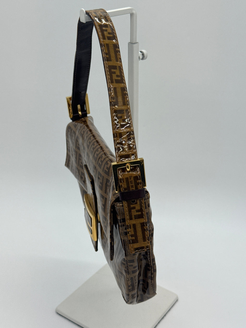 Fendi Zucchino Coated Canvas Baguette with Gold Shimmer Buckle