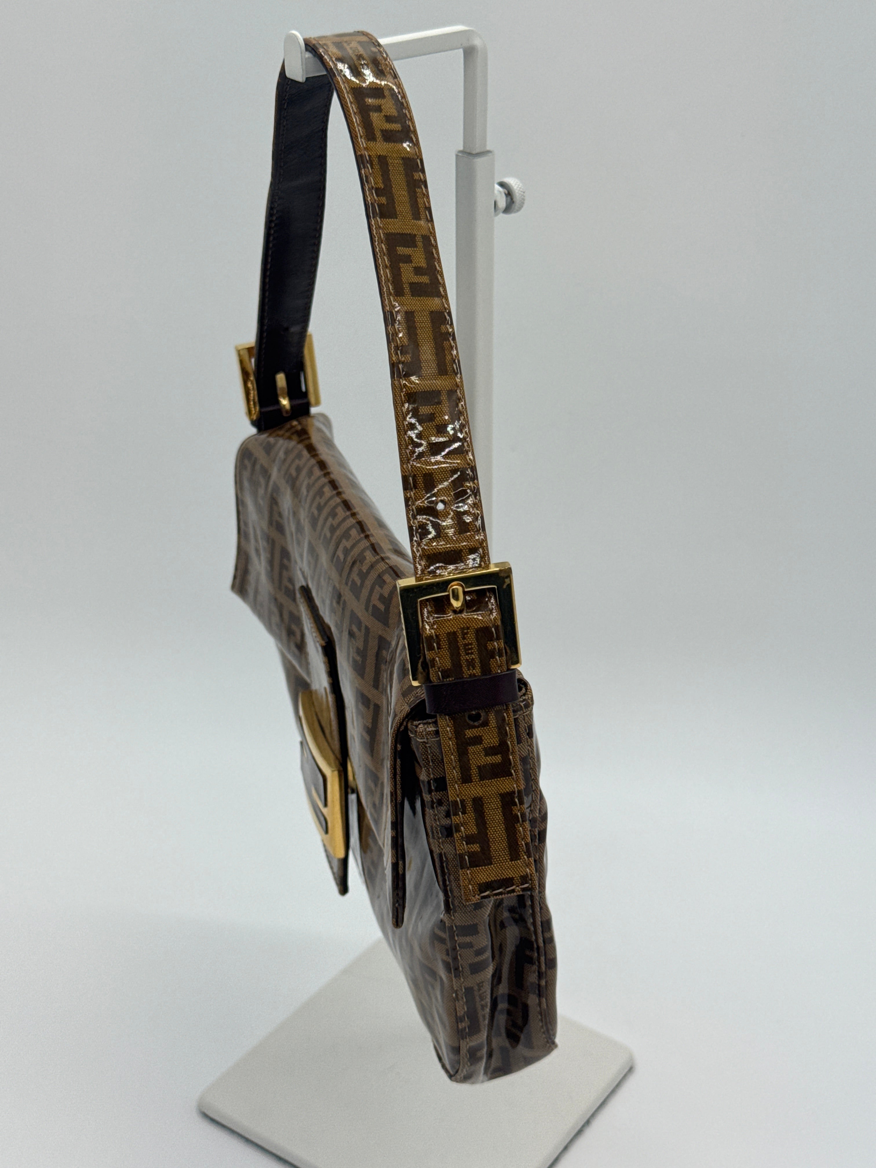 Fendi Zucchino Coated Canvas Baguette with Gold Shimmer Buckle