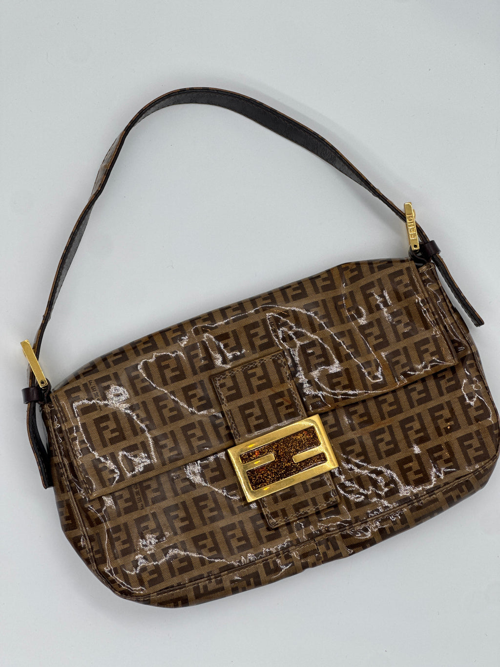 Fendi Zucchino Coated Canvas Baguette with Gold Shimmer Buckle