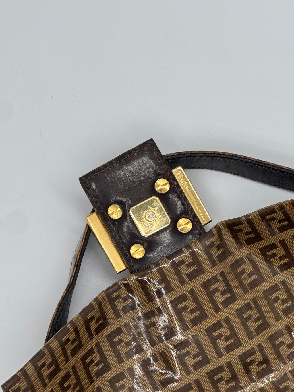Fendi Zucchino Coated Canvas Baguette with Gold Shimmer Buckle