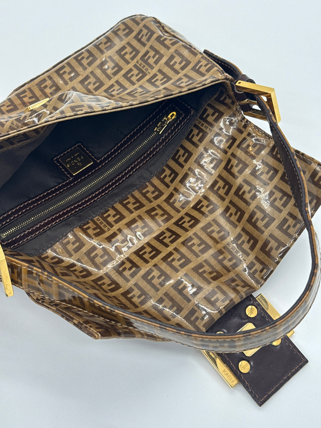 Fendi Zucchino Coated Canvas Baguette with Gold Shimmer Buckle