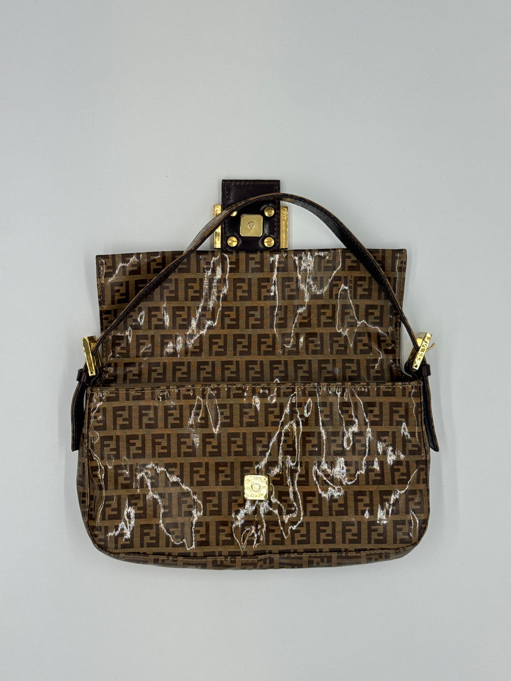 Fendi Zucchino Coated Canvas Baguette with Gold Shimmer Buckle