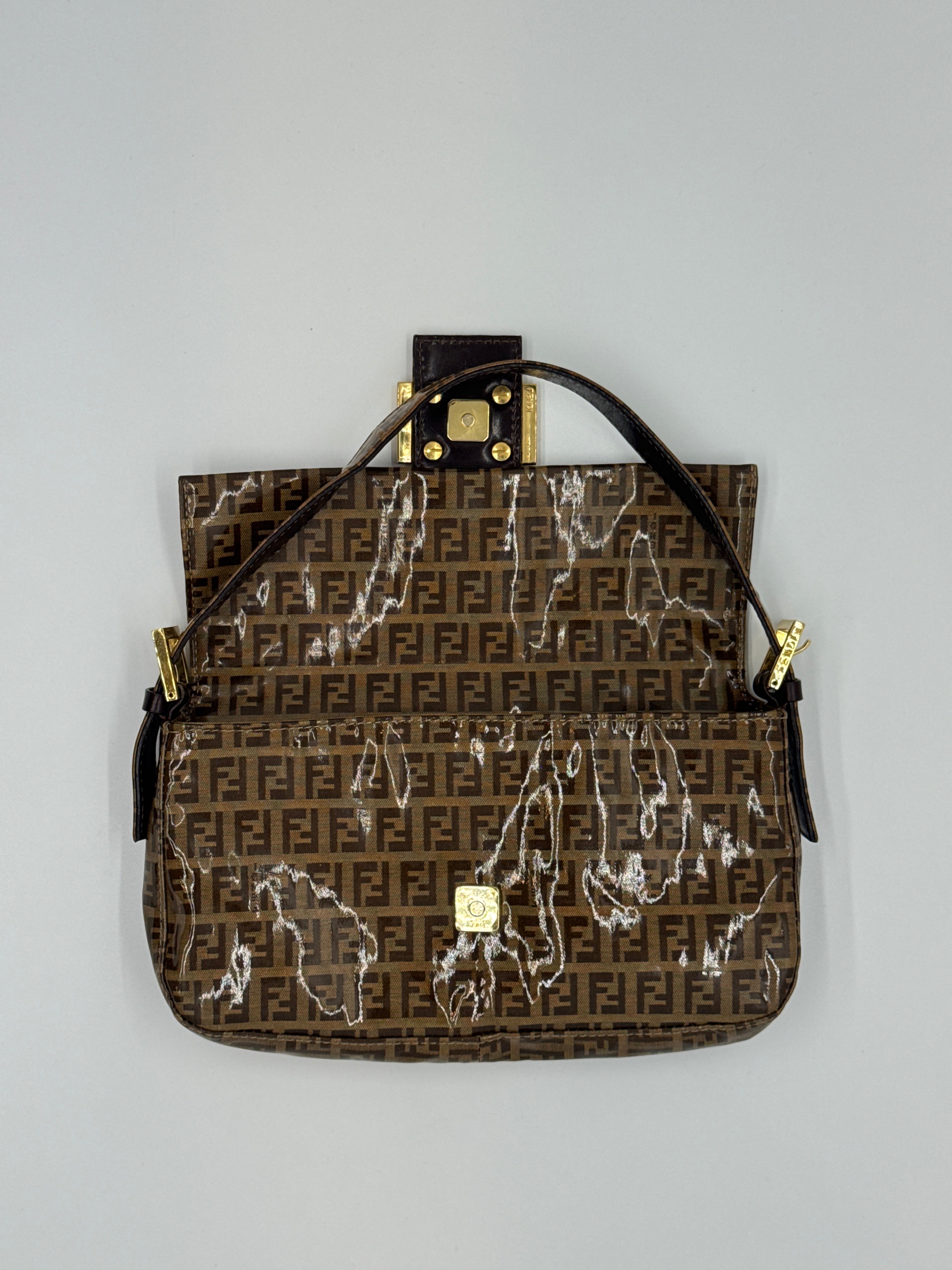 Fendi Zucchino Coated Canvas Baguette with Gold Shimmer Buckle