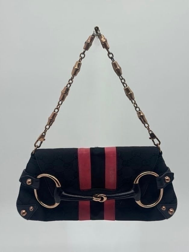 Gucci Horsebit Clutch with Pink Silk Stripes