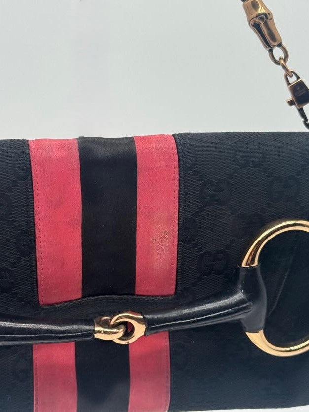Gucci Horsebit Clutch with Pink Silk Stripes