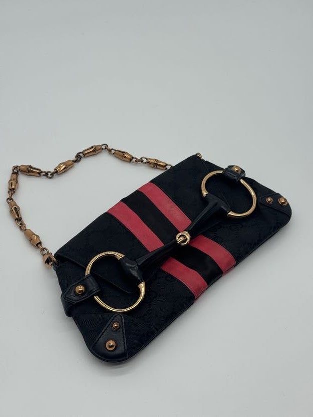 Gucci Horsebit Clutch with Pink Silk Stripes