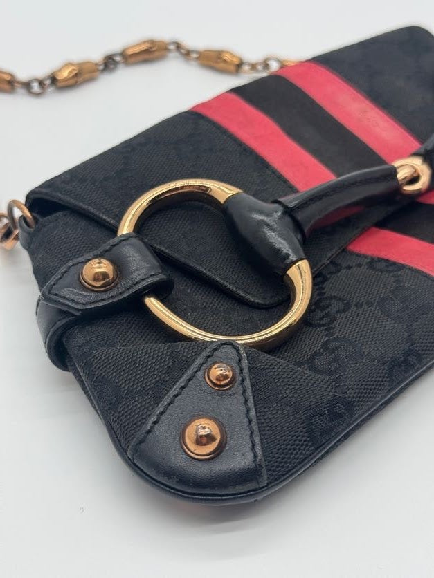 Gucci Horsebit Clutch with Pink Silk Stripes