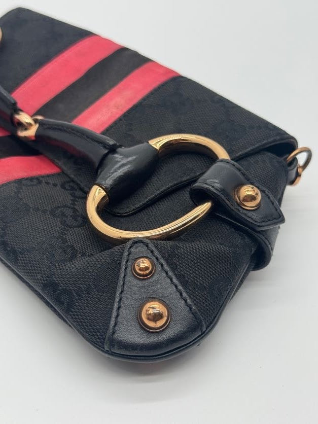 Gucci Horsebit Clutch with Pink Silk Stripes