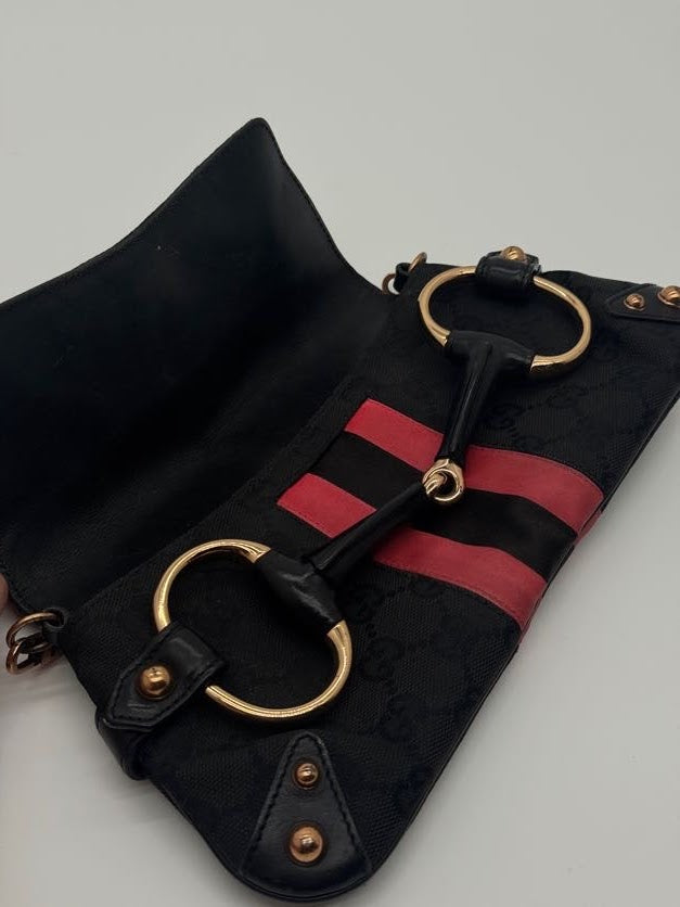 Gucci Horsebit Clutch with Pink Silk Stripes