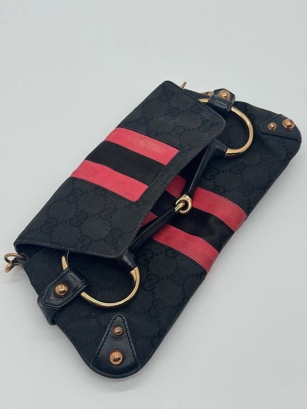 Gucci Horsebit Clutch with Pink Silk Stripes