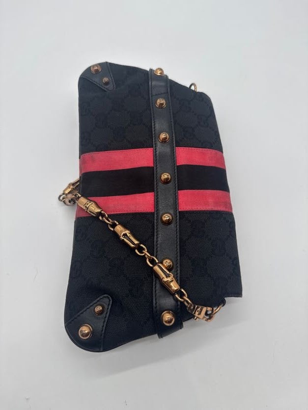 Gucci Horsebit Clutch with Pink Silk Stripes