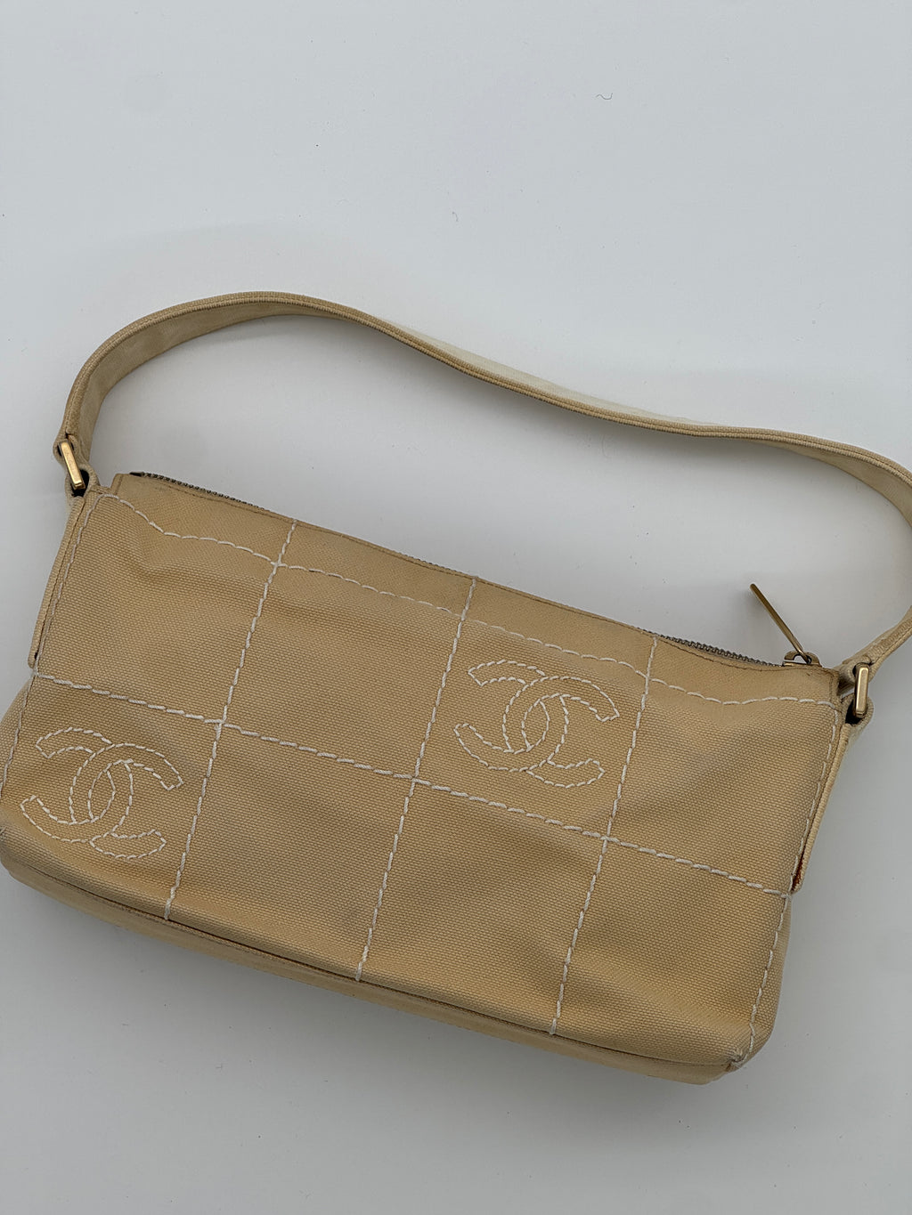 Chanel Beige Stitched Canvas Shoulder Bag